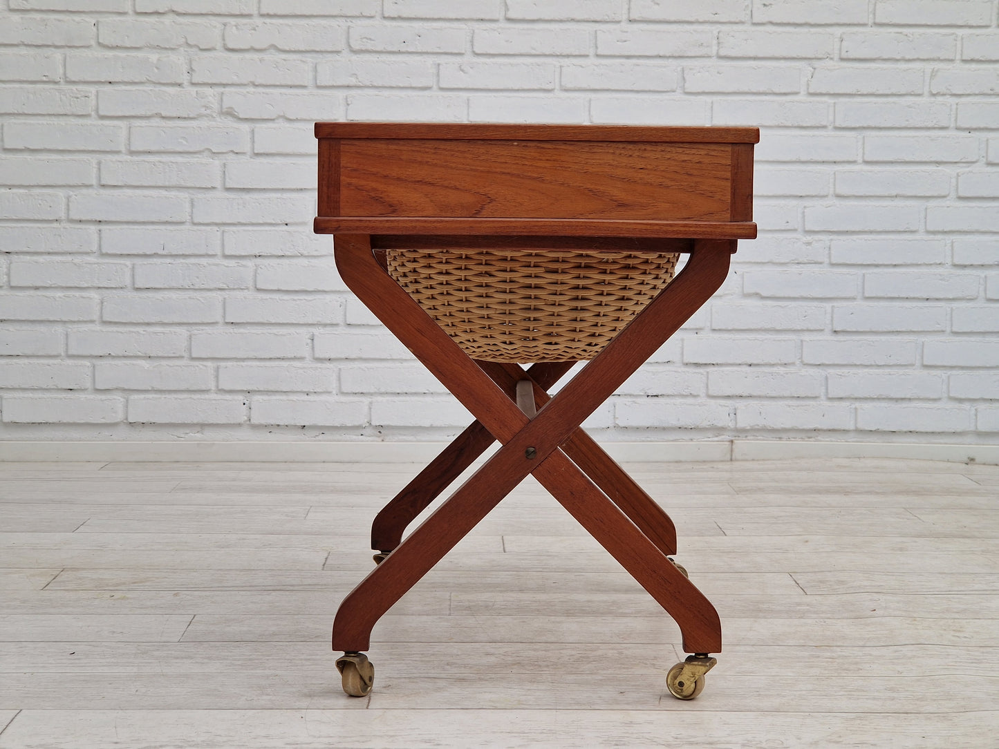 1960s, vintage Danish sewing table, teak wood, rattan.