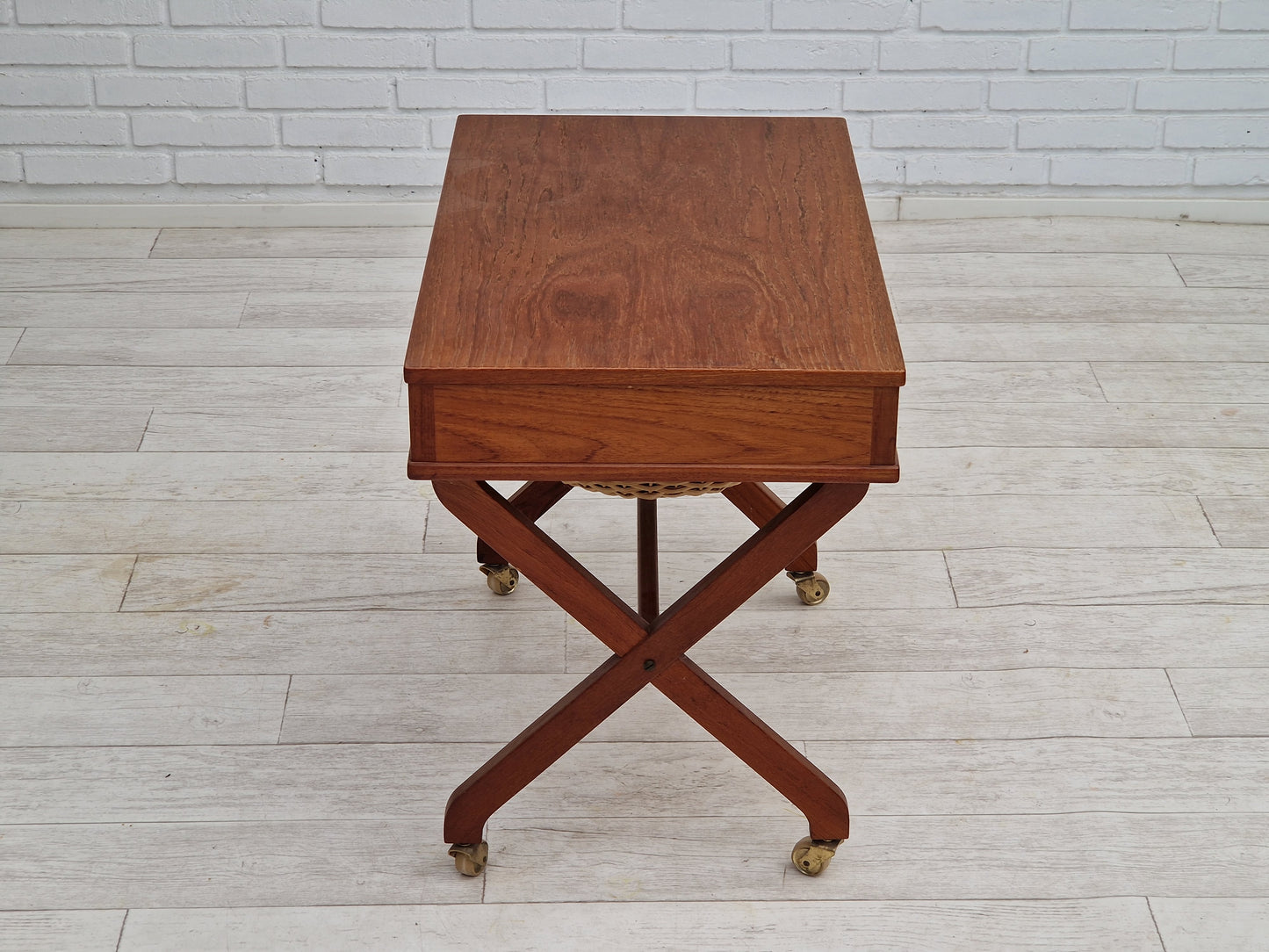 1960s, vintage Danish sewing table, teak wood, rattan.