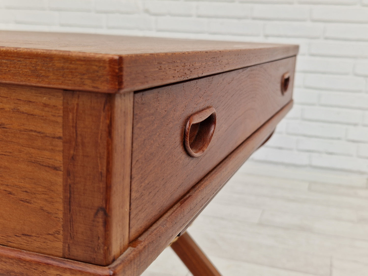 1960s, vintage Danish sewing table, teak wood, rattan.