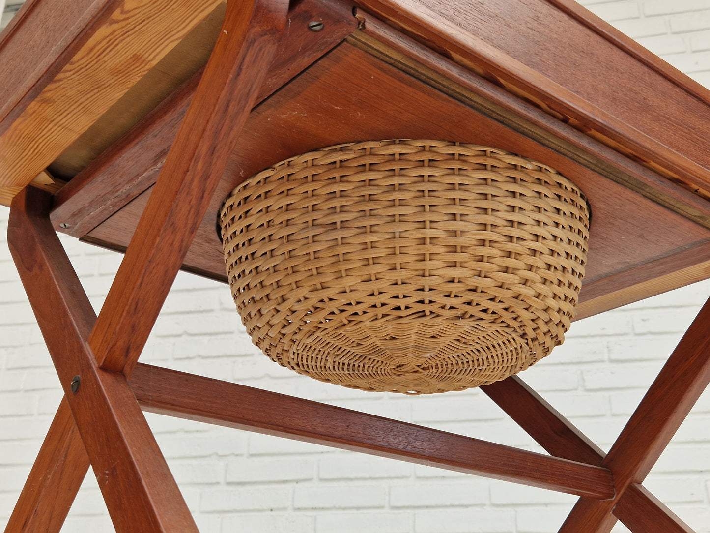 1960s, vintage Danish sewing table, teak wood, rattan.