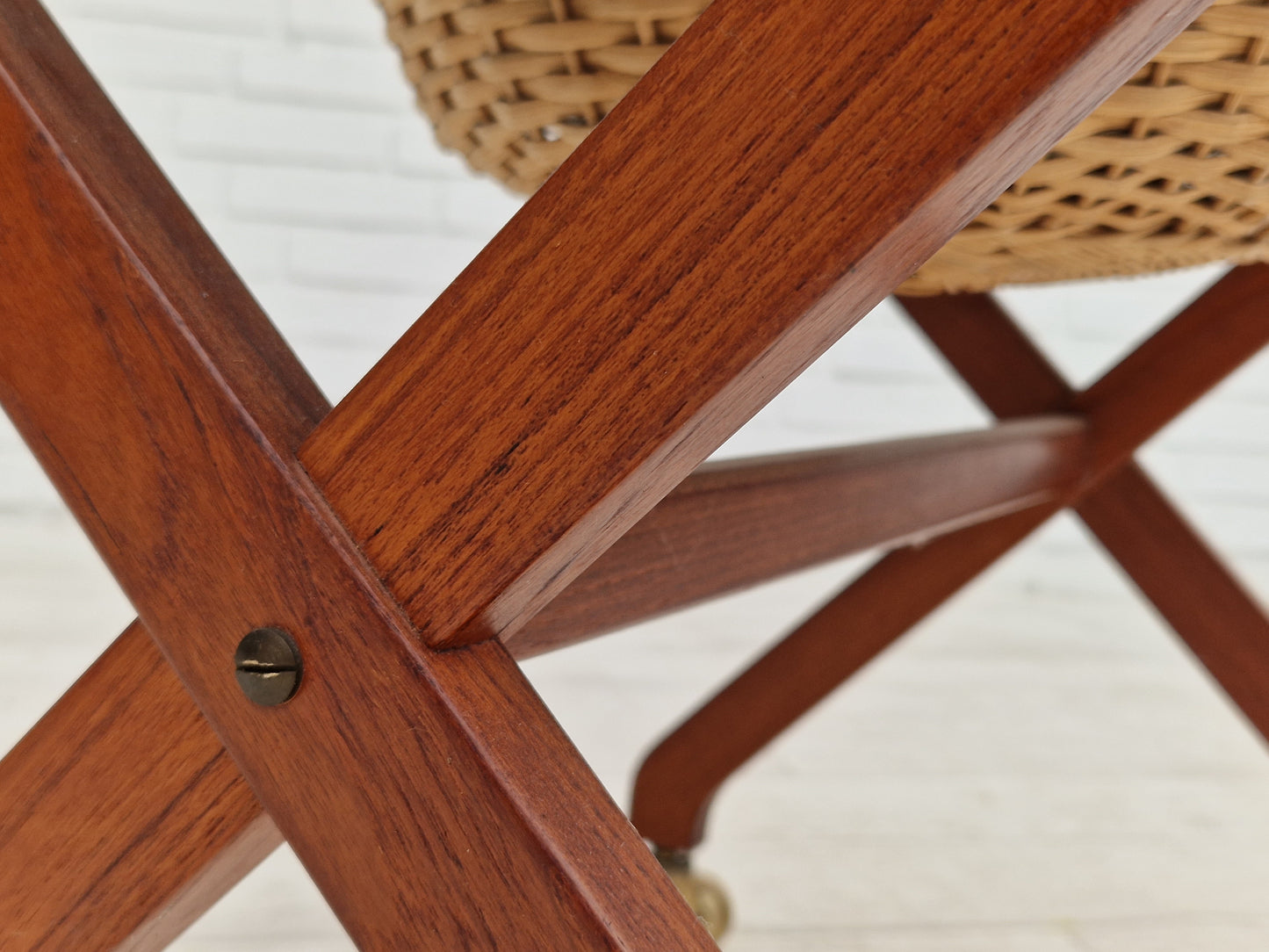 1960s, vintage Danish sewing table, teak wood, rattan.