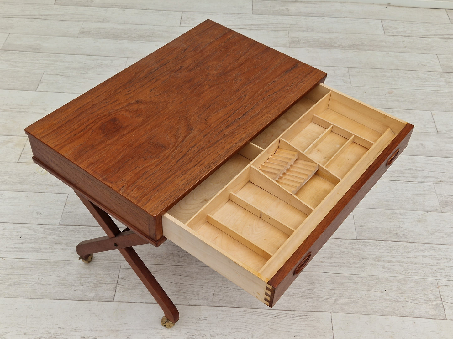 1960s, vintage Danish sewing table, teak wood, rattan.