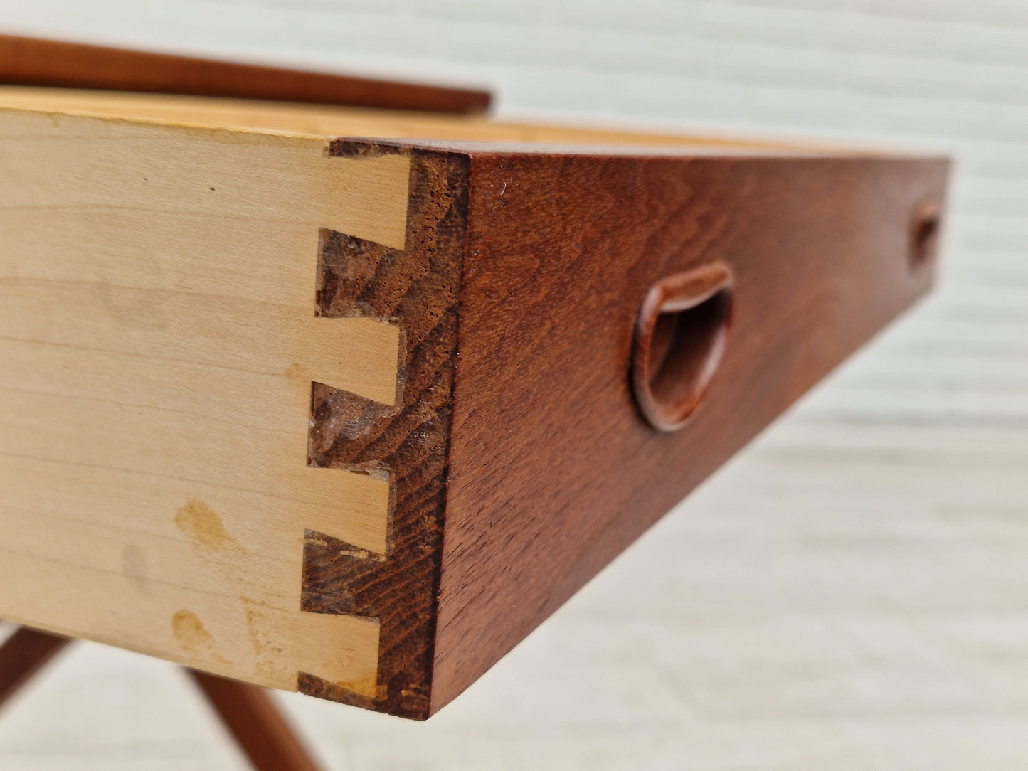 1960s, vintage Danish sewing table, teak wood, rattan.