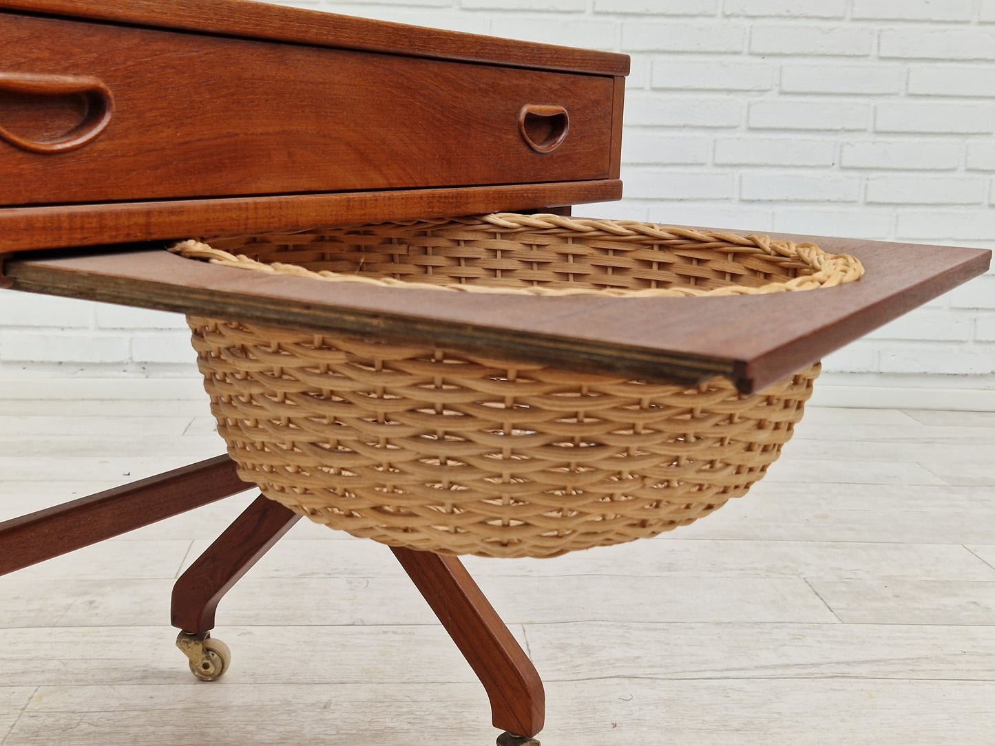 1960s, vintage Danish sewing table, teak wood, rattan.