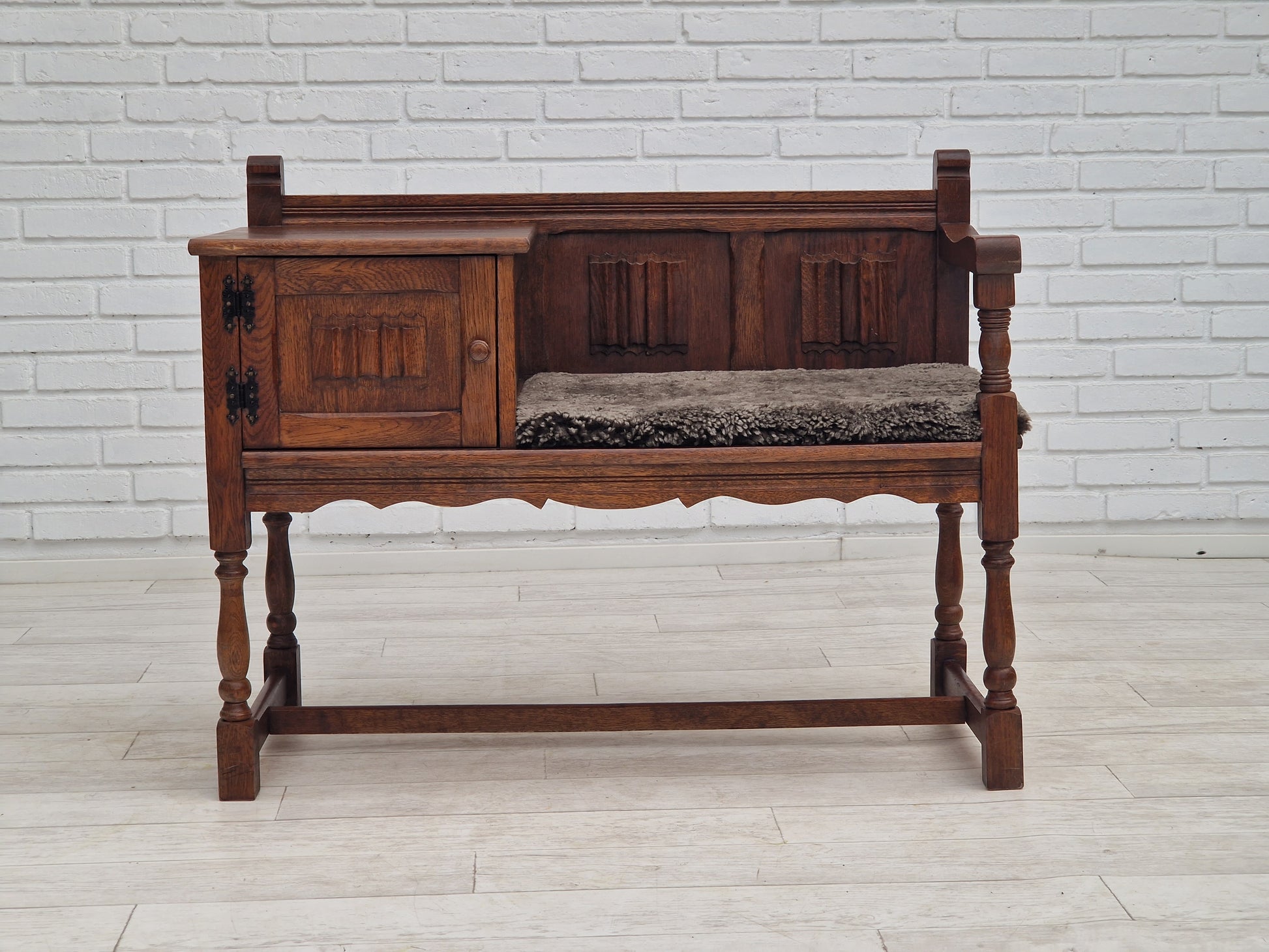 1950s, Scandinavian design, seater dresser, oak wood, sheepskin. Nordic Midcentury 1950s, Scandinavian design, seater dresser, oak wood, sheepskin. Nordic Midcentury