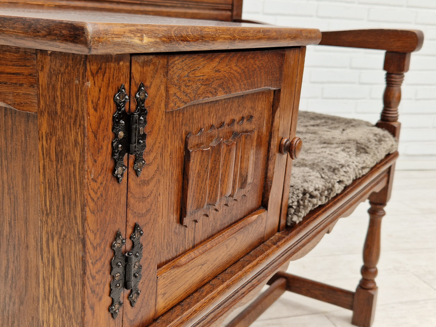 1950s, Scandinavian design, seater dresser, oak wood, sheepskin.