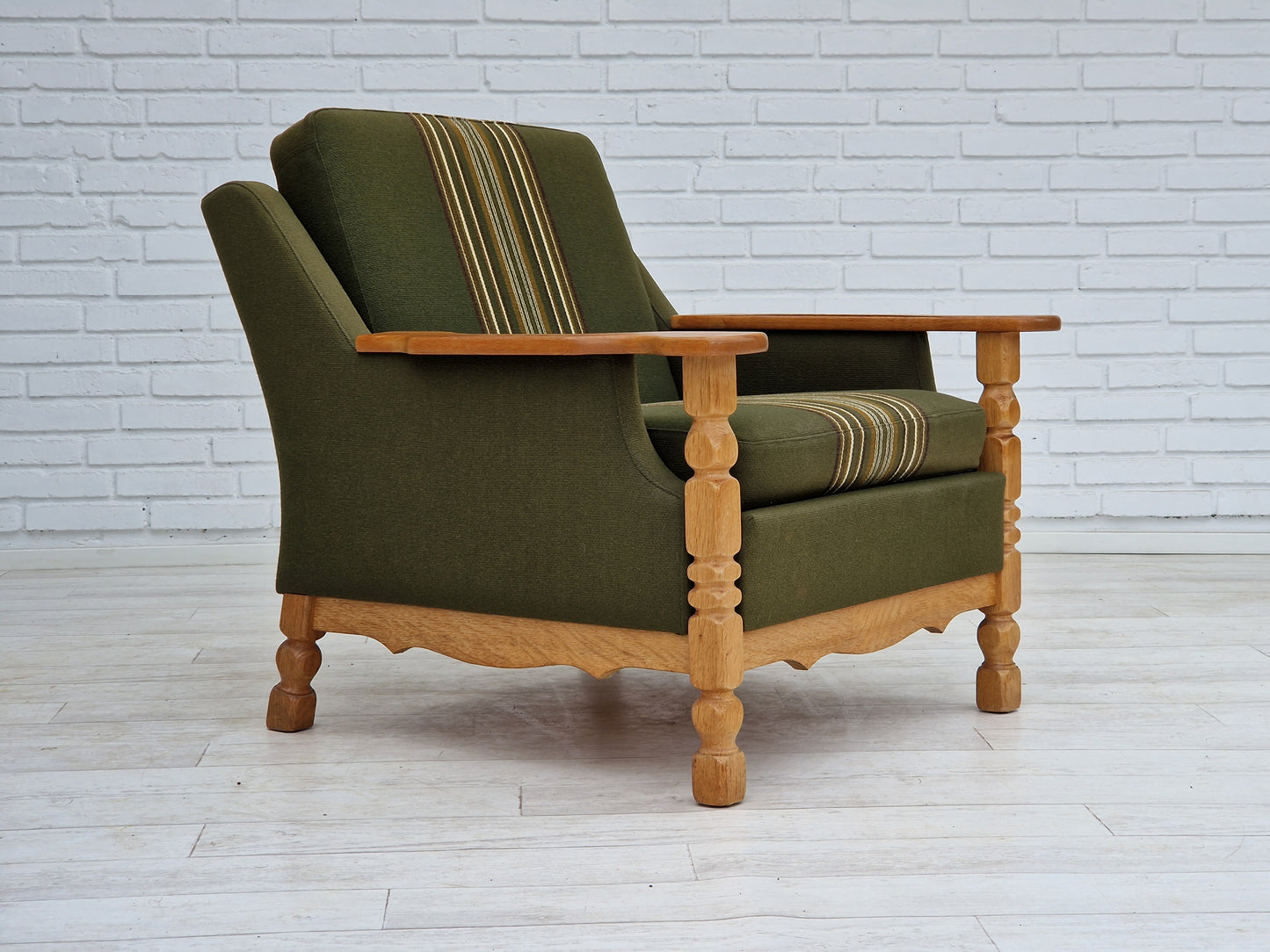 1970s, Danish design, lounge chair in green furniture wool, oak wood.