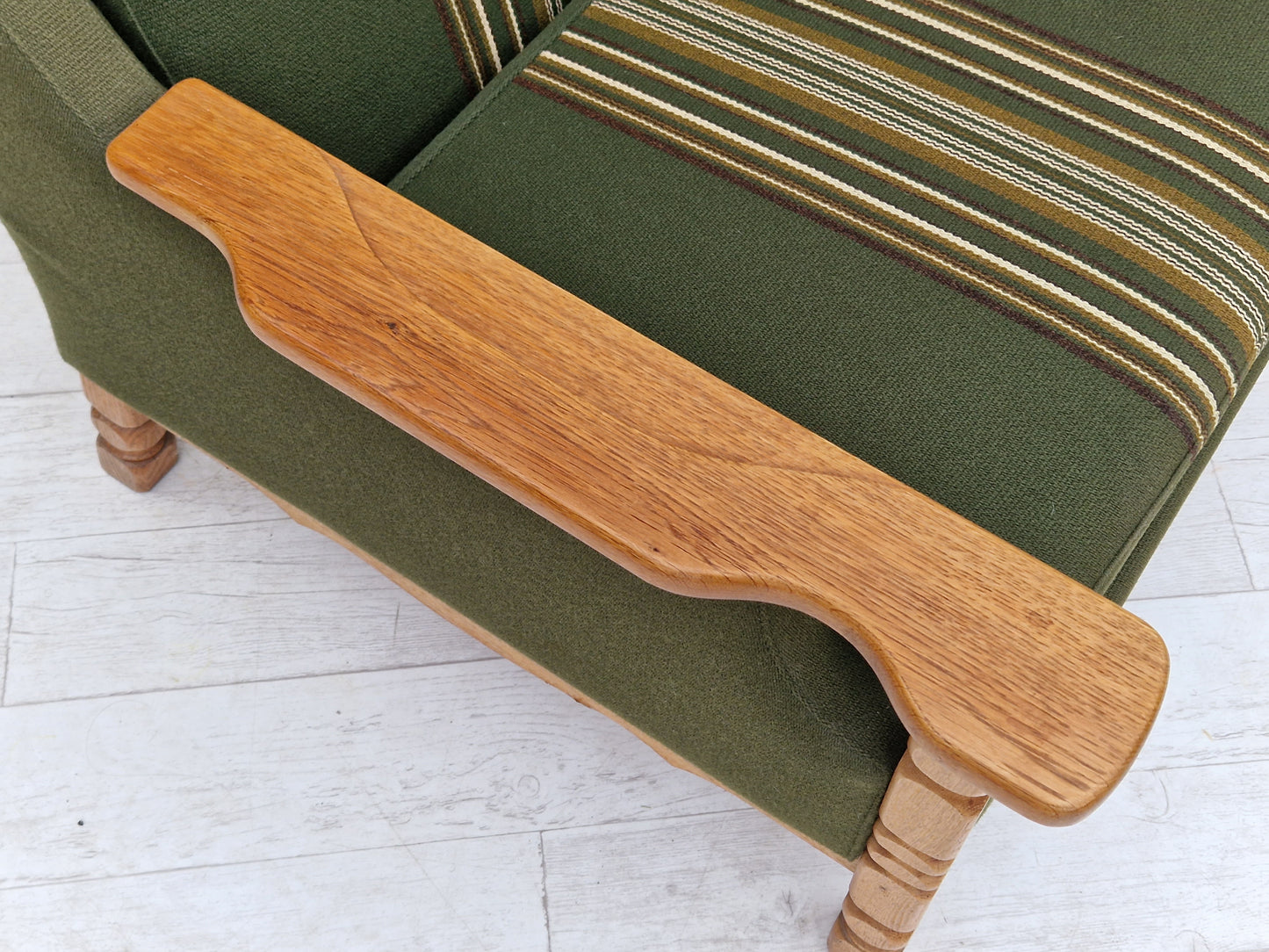 1970s, Danish design, lounge chair in green furniture wool, oak wood.