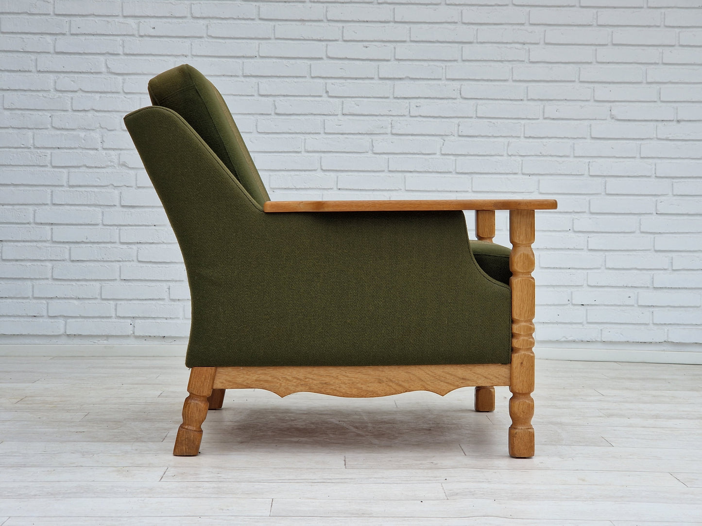 1970s, Danish design, lounge chair in green furniture wool, oak wood.