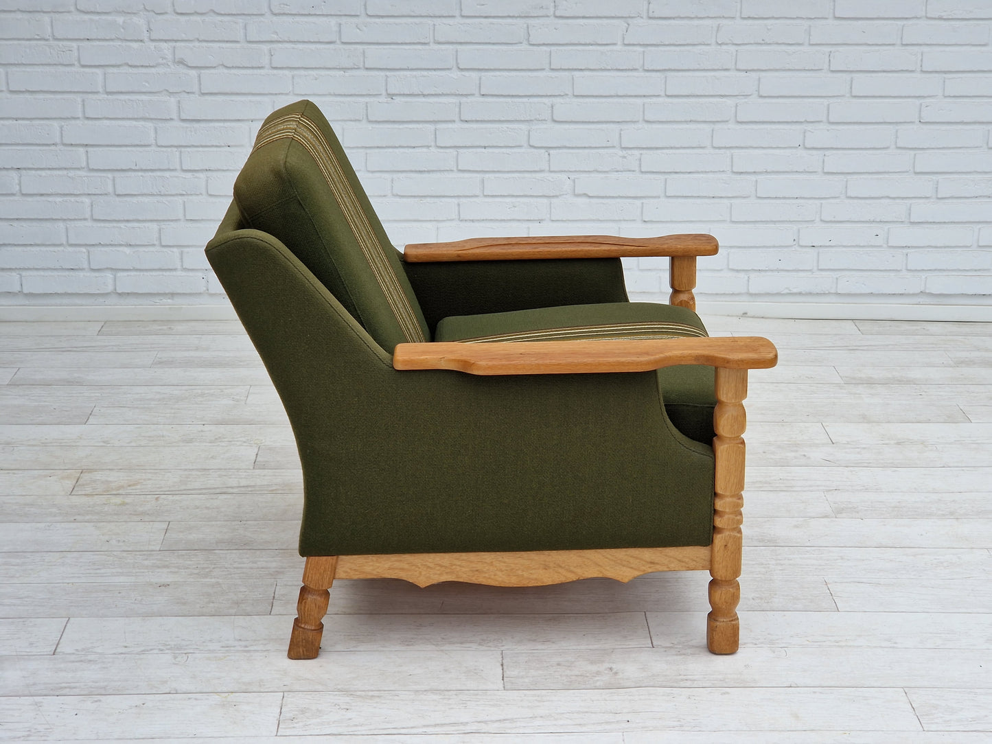 1970s, Danish design, lounge chair in green furniture wool, oak wood.