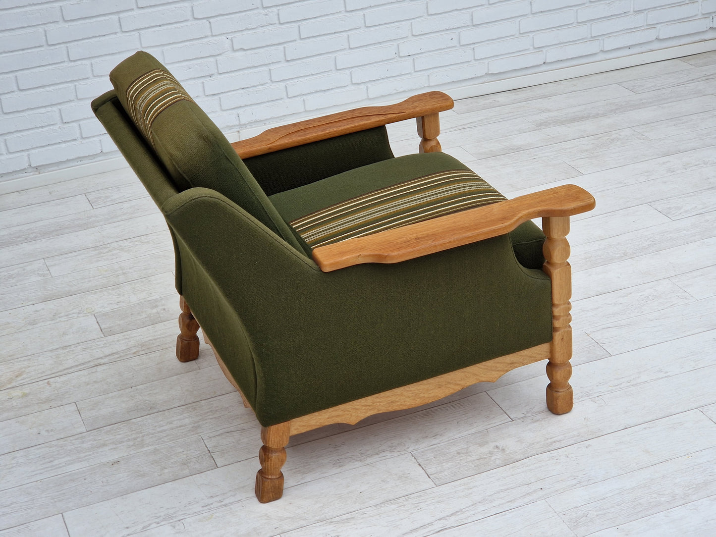 1970s, Danish design, lounge chair in green furniture wool, oak wood.