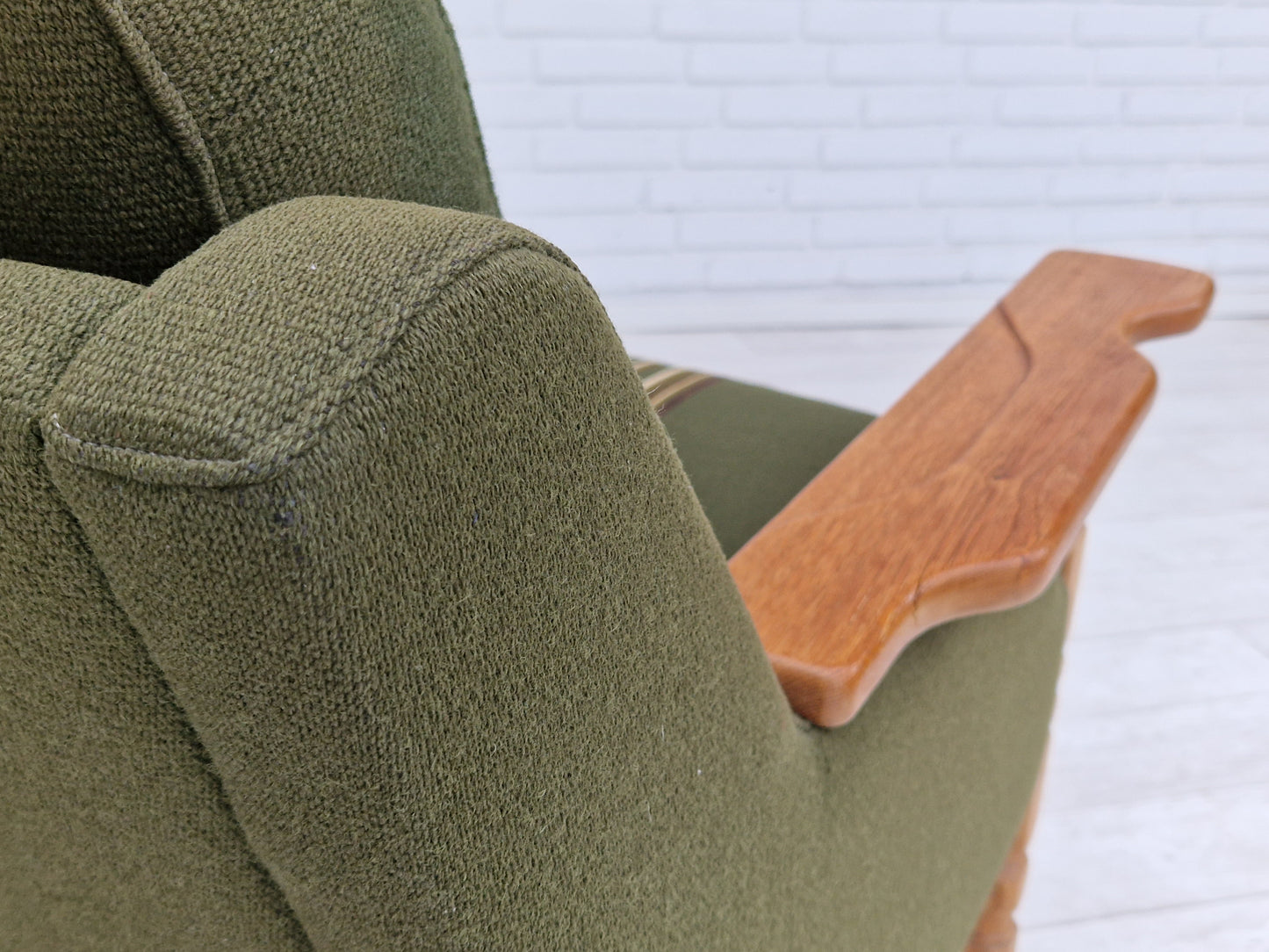 1970s, Danish design, lounge chair in green furniture wool, oak wood.