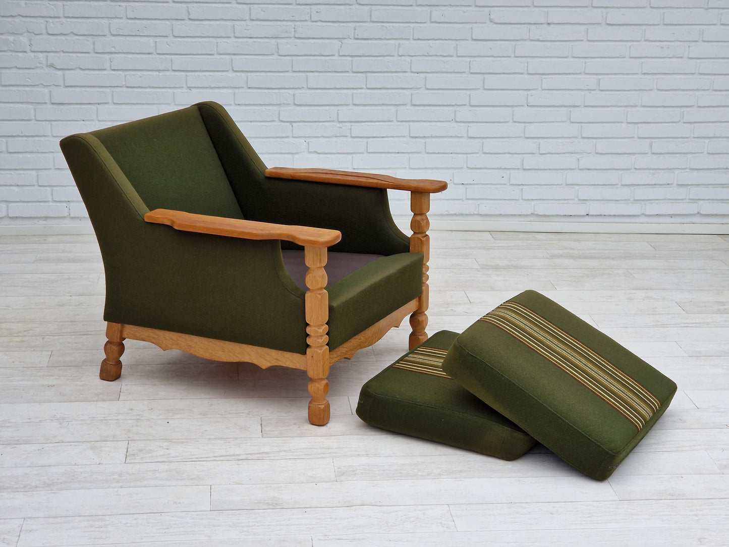 1970s, Danish design, lounge chair in green furniture wool, oak wood.