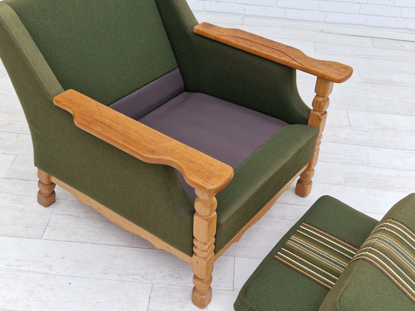 1970s, Danish design, lounge chair in green furniture wool, oak wood.