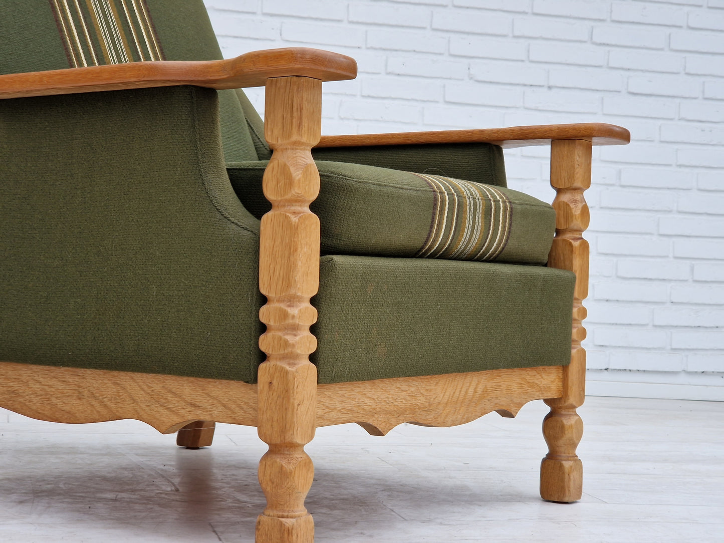 1970s, Danish design, lounge chair in green furniture wool, oak wood.