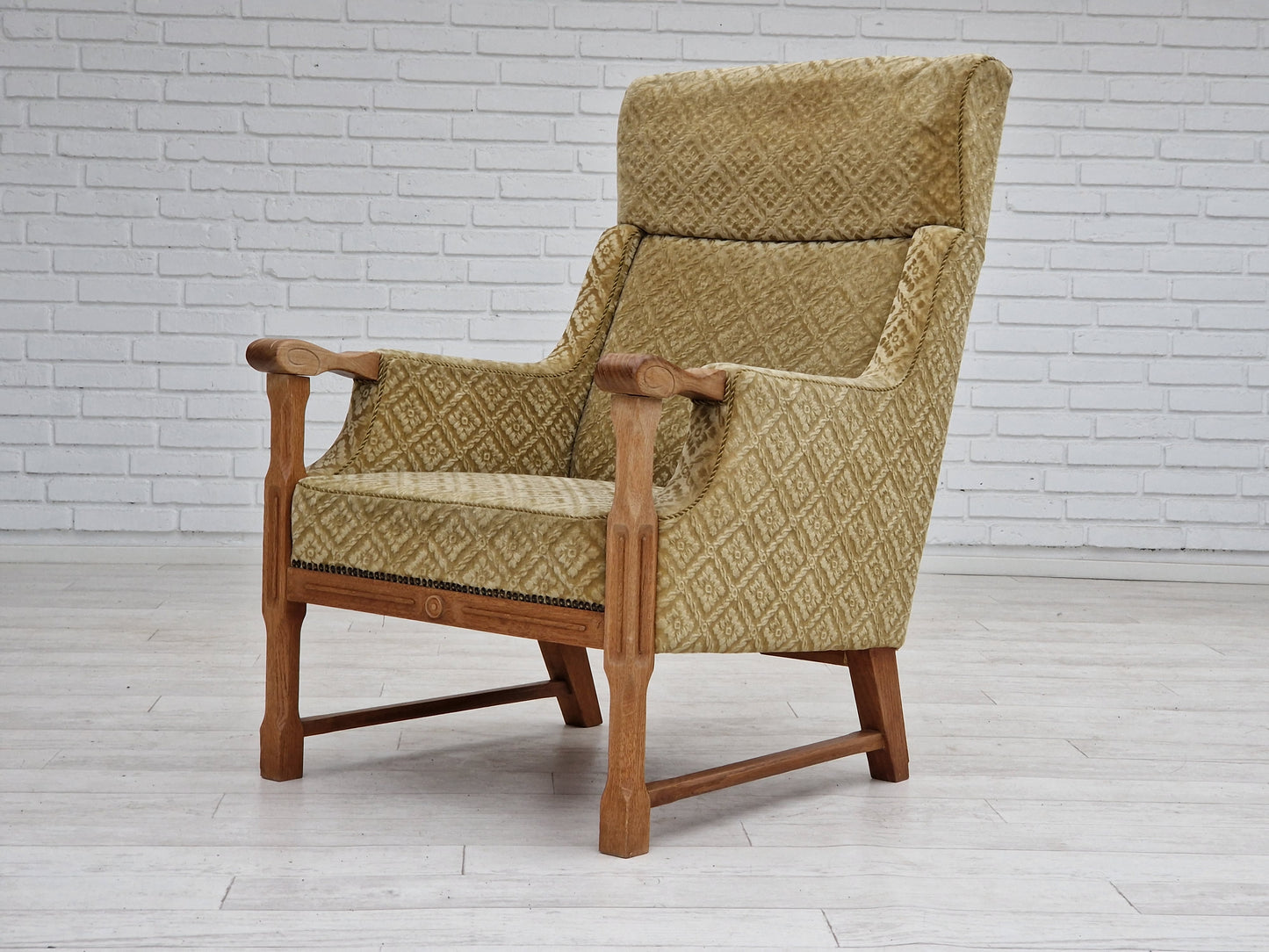 1960s, Danish design, highback armchair, furniture fabric, oak wood.