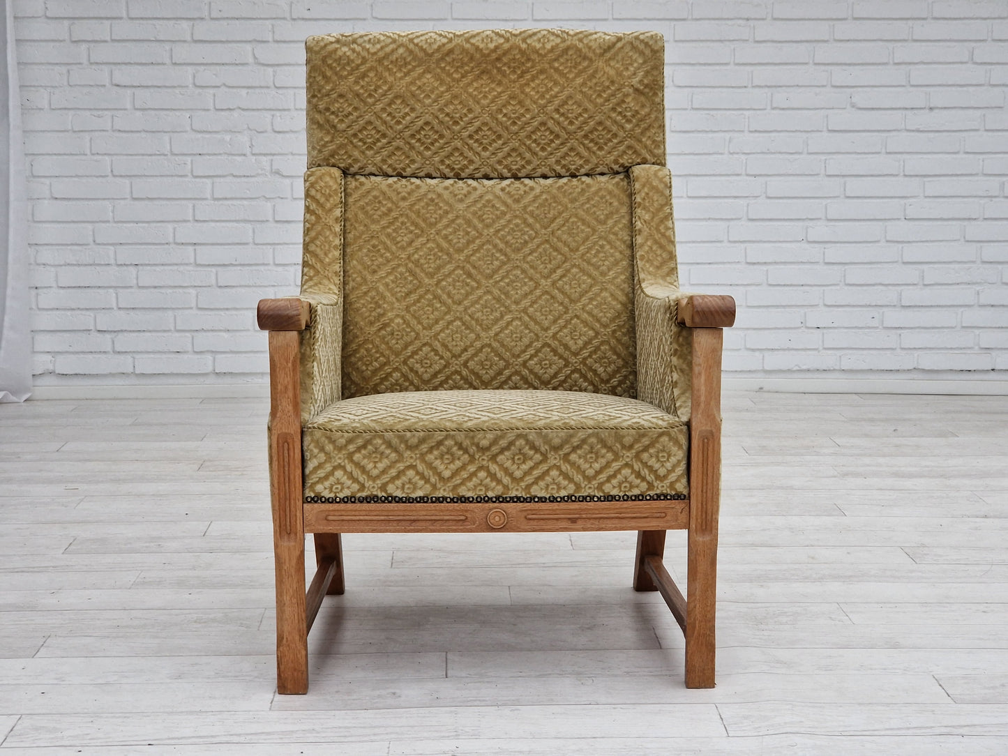 1960s, Danish design, highback armchair, furniture fabric, oak wood.