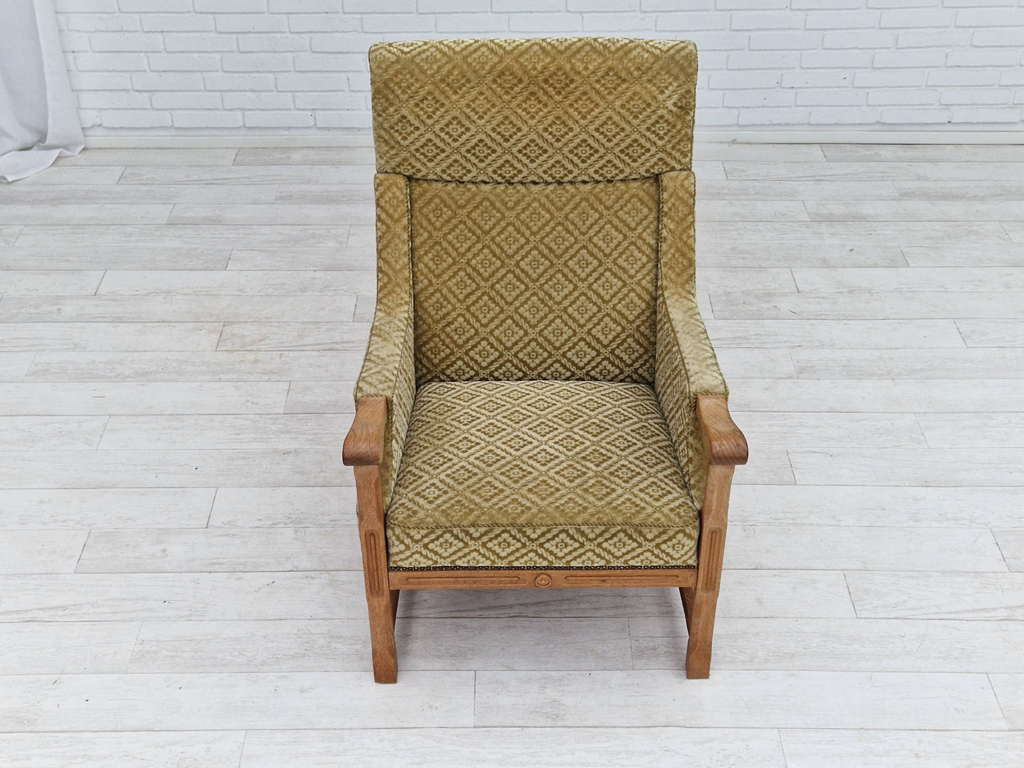 1960s, Danish design, highback armchair, furniture fabric, oak wood.