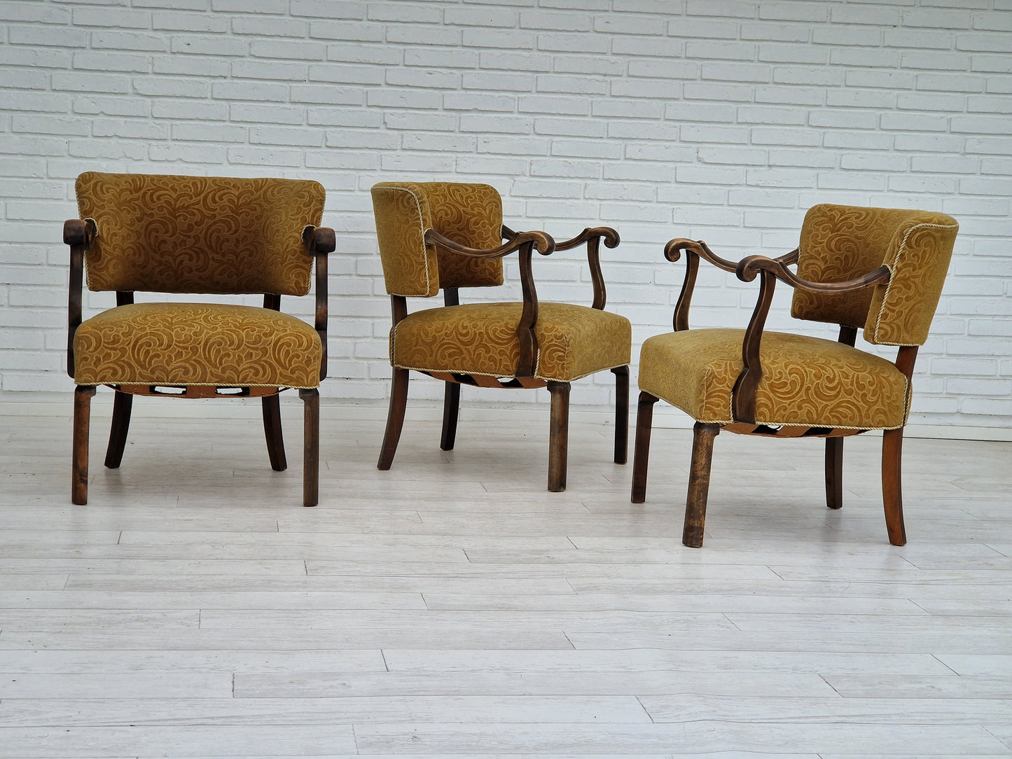 1930s, Scandinavian design, armchair in green furniture fabric, ash wood, original very good condition.