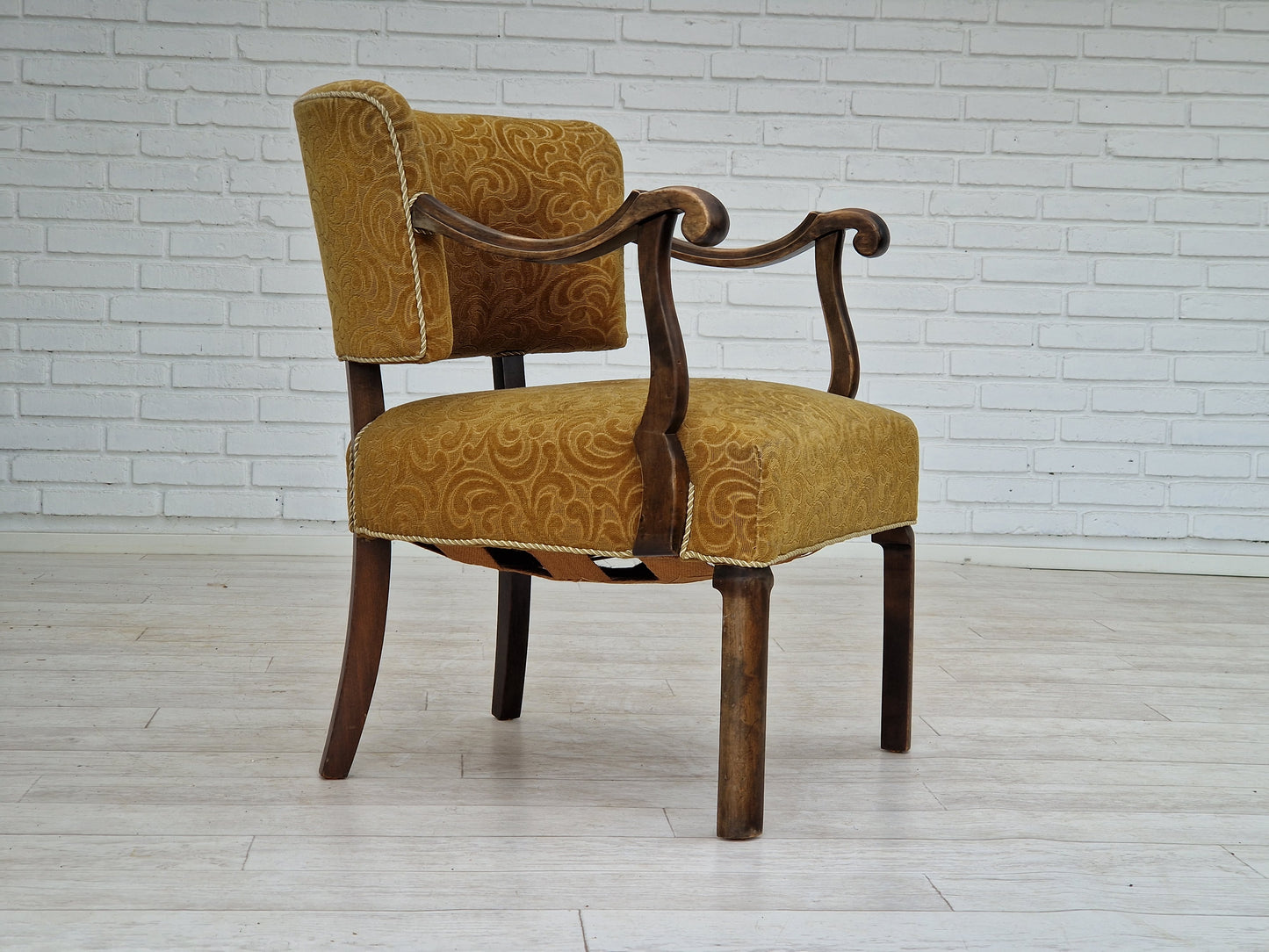 1930s, Scandinavian design, armchair in green furniture fabric, ash wood, original very good condition.