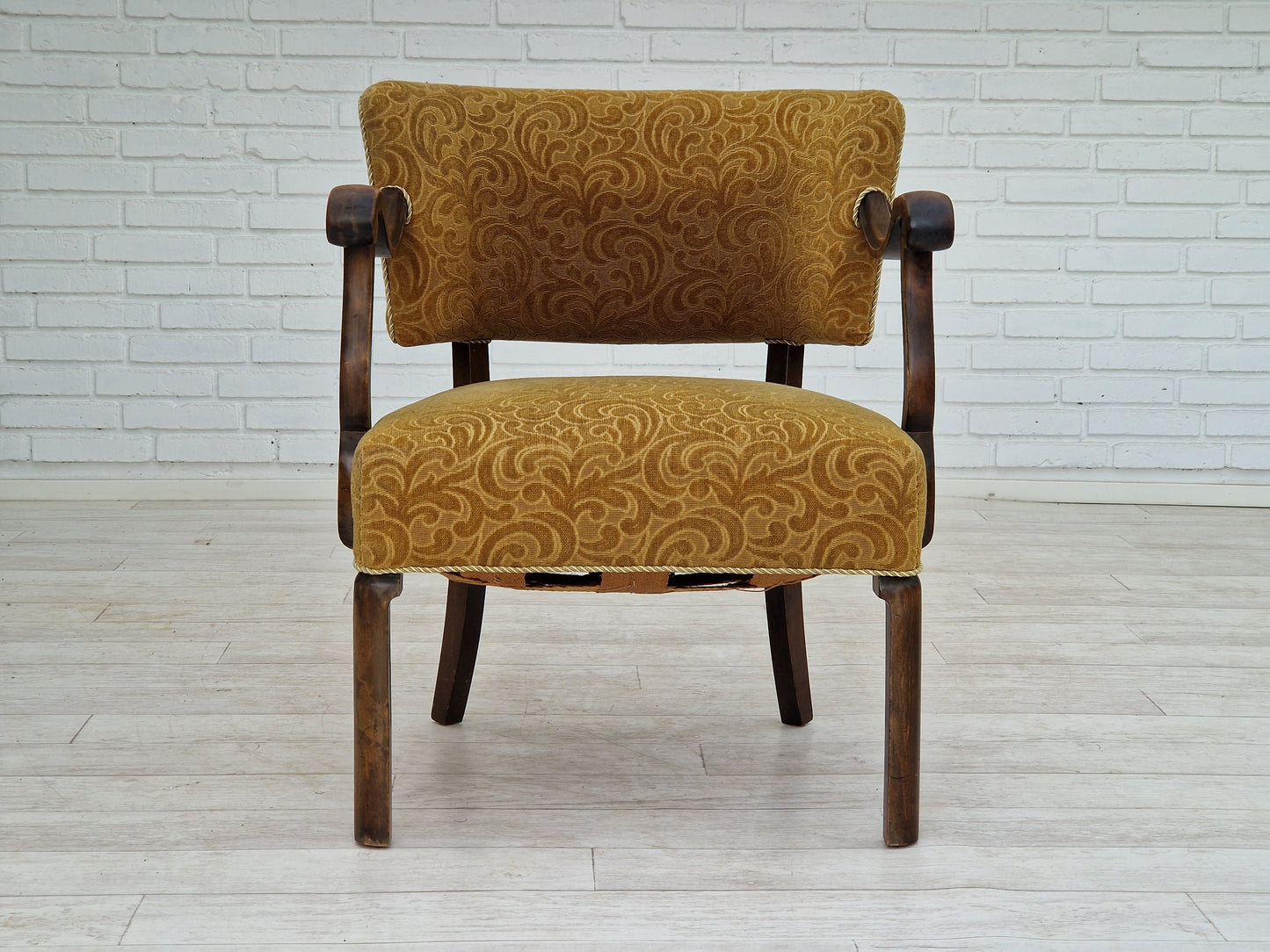 1930s, Scandinavian design, armchair in green furniture fabric, ash wood, original very good condition.