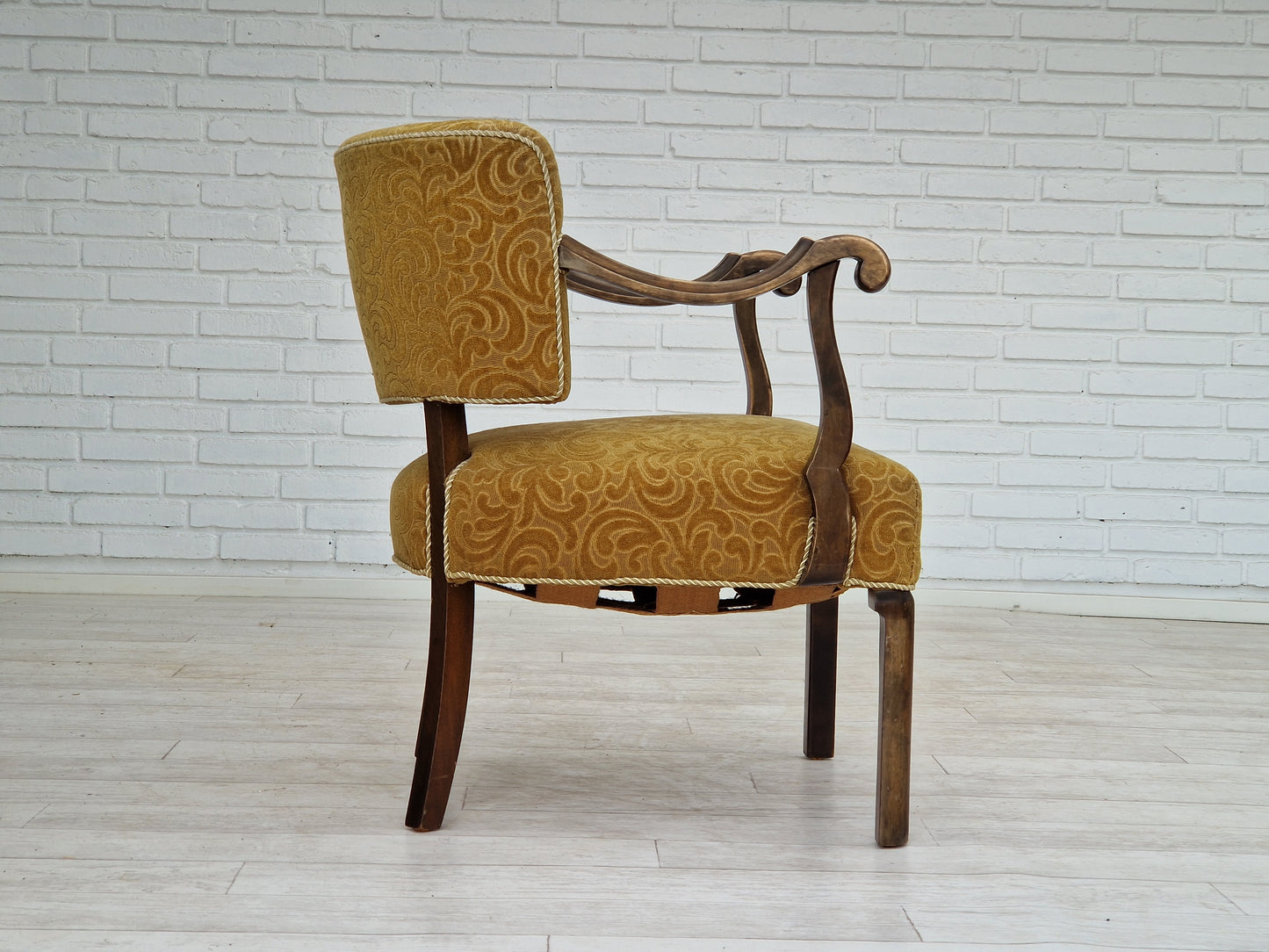 1930s, Scandinavian design, armchair in green furniture fabric, ash wood, original very good condition.