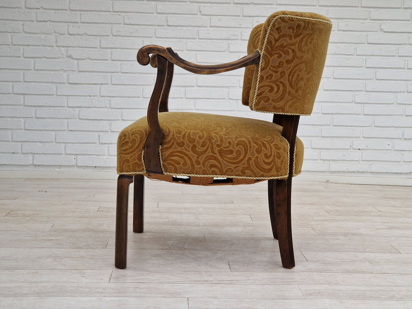 1930s, Scandinavian design, armchair in green furniture fabric, ash wood, original very good condition.