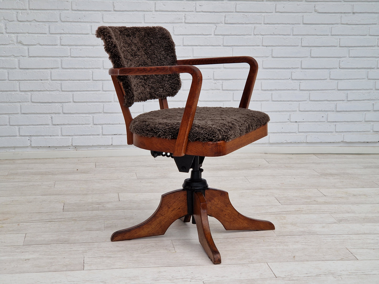 1940s, Danish design, reupholstered swivel chair, tilt function, lambskin, Ehapa Møbelfabrikken.