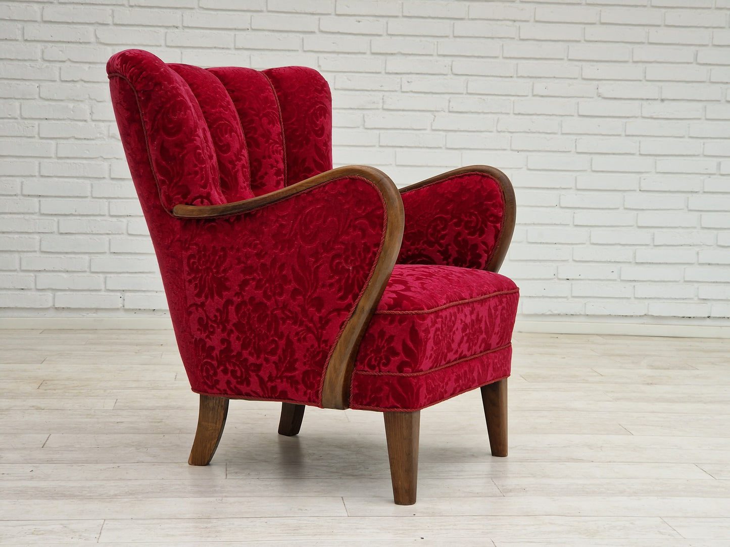 1960s, Danish design by Alfred Christensen, armchair in cherry red fabric, original condition.