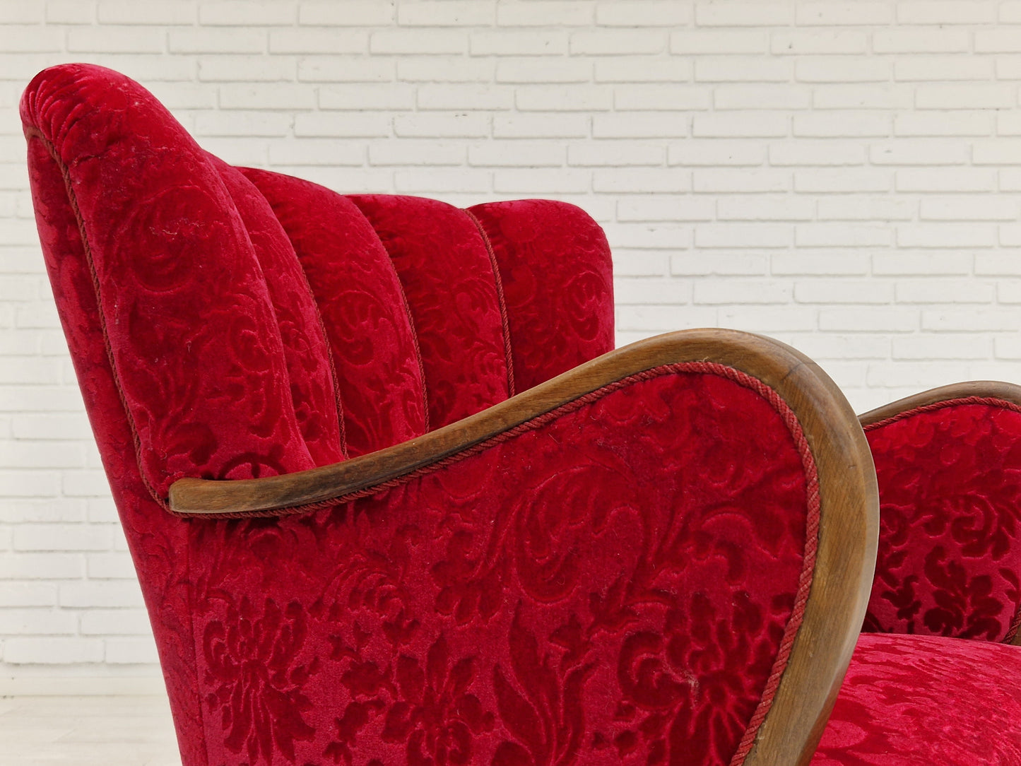 1960s, Danish design by Alfred Christensen, armchair in cherry red fabric, original condition.