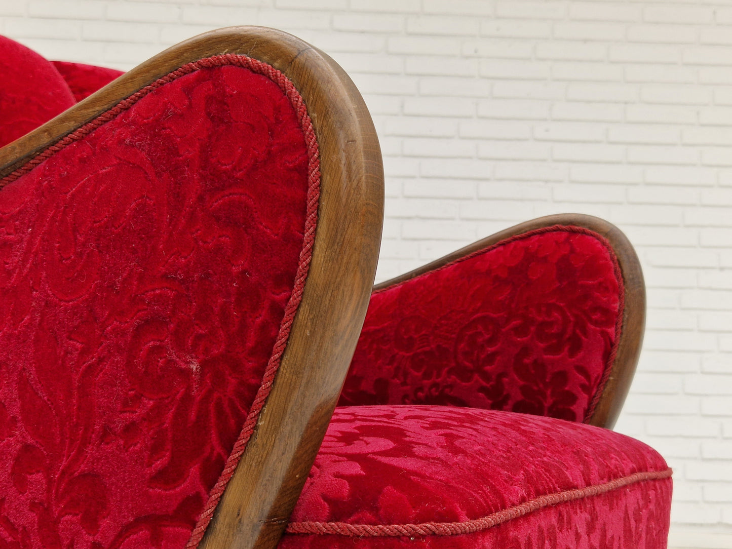 1960s, Danish design by Alfred Christensen, armchair in cherry red fabric, original condition.