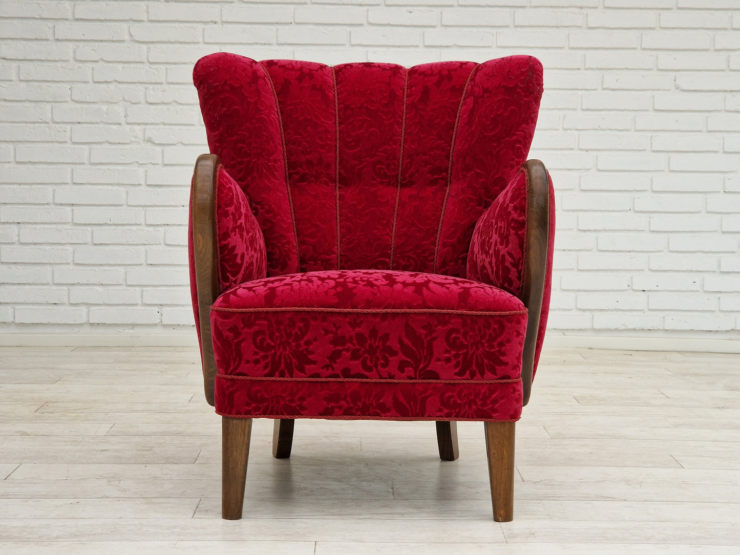 1960s, Danish design by Alfred Christensen, armchair in cherry red fabric, original condition.