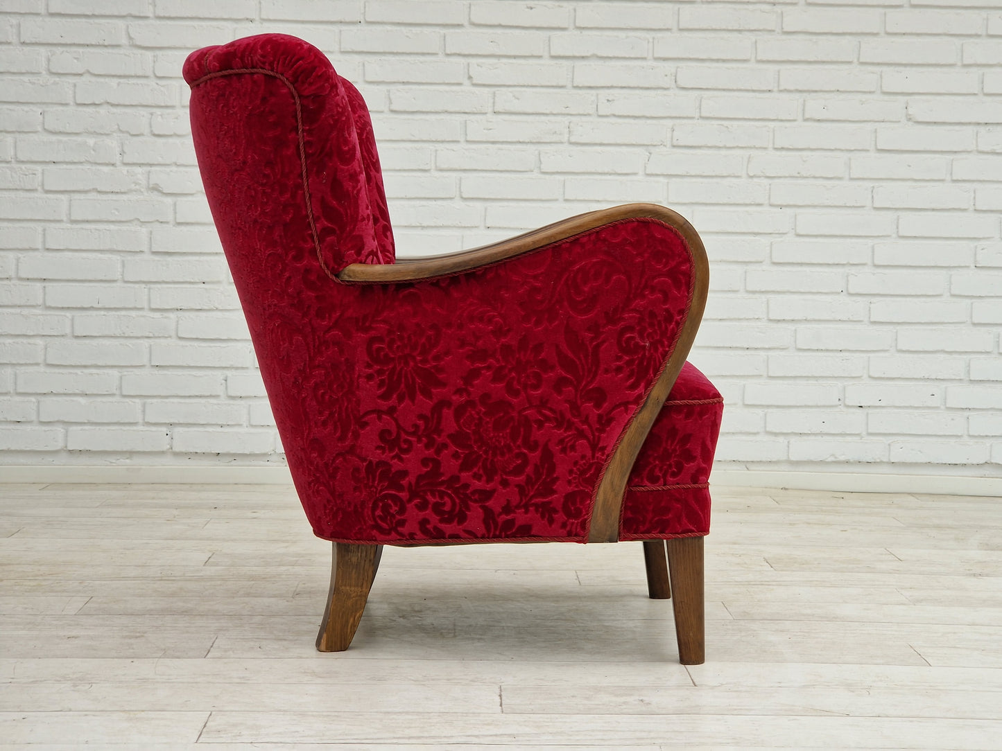 1960s, Danish design by Alfred Christensen, armchair in cherry red fabric, original condition.