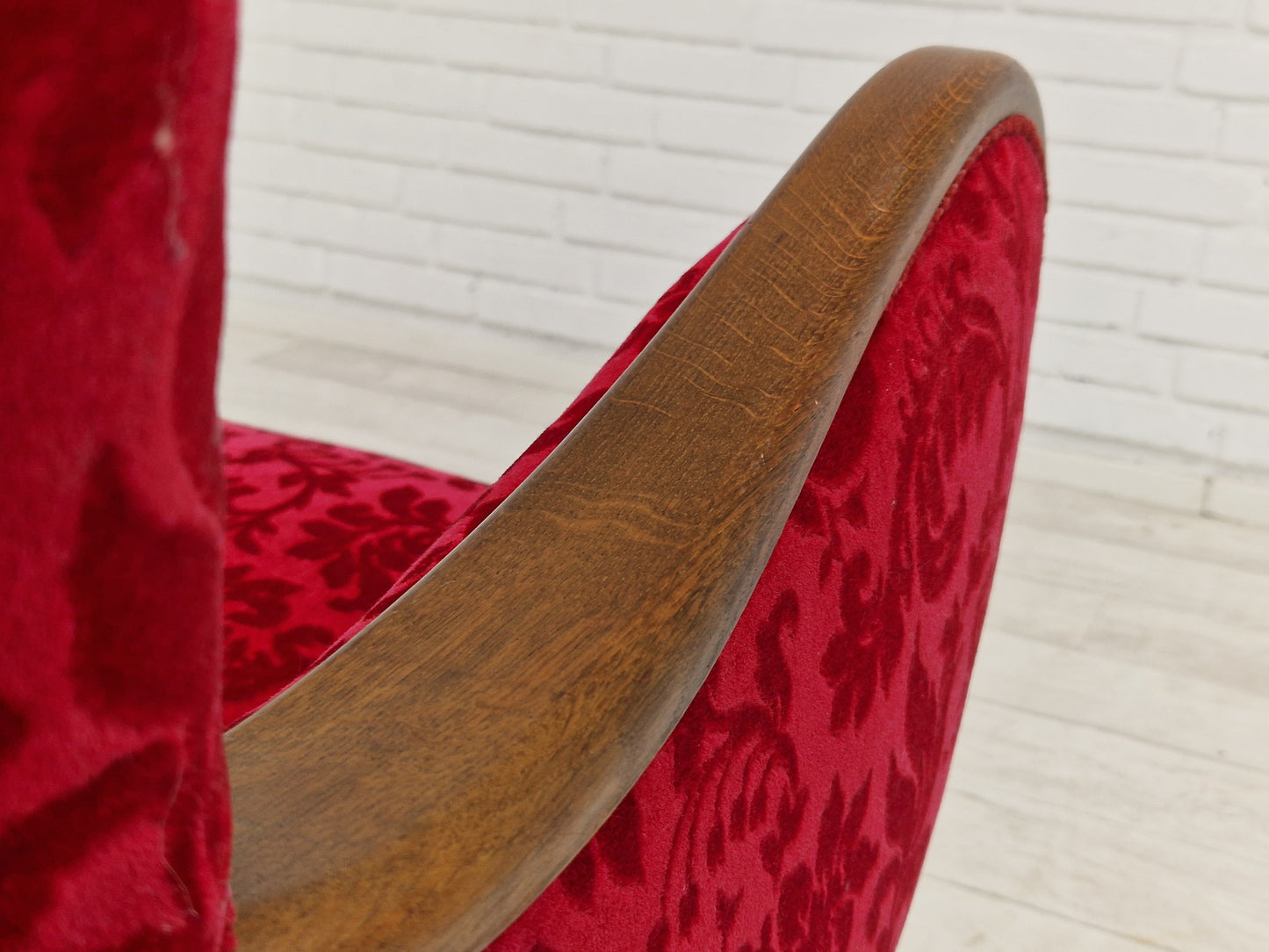 1960s, Danish design by Alfred Christensen, armchair in cherry red fabric, original condition.