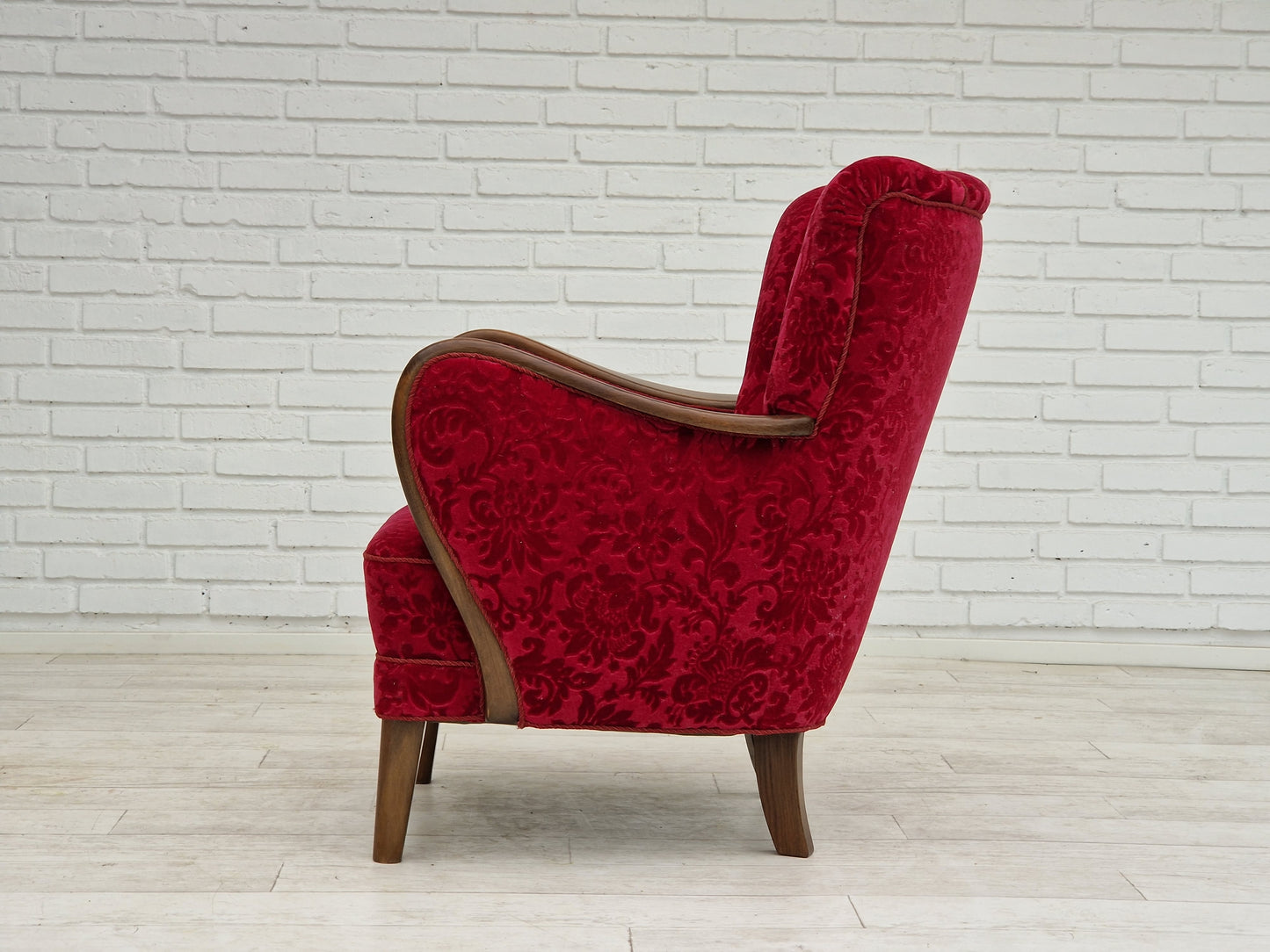 1960s, Danish design by Alfred Christensen, armchair in cherry red fabric, original condition.