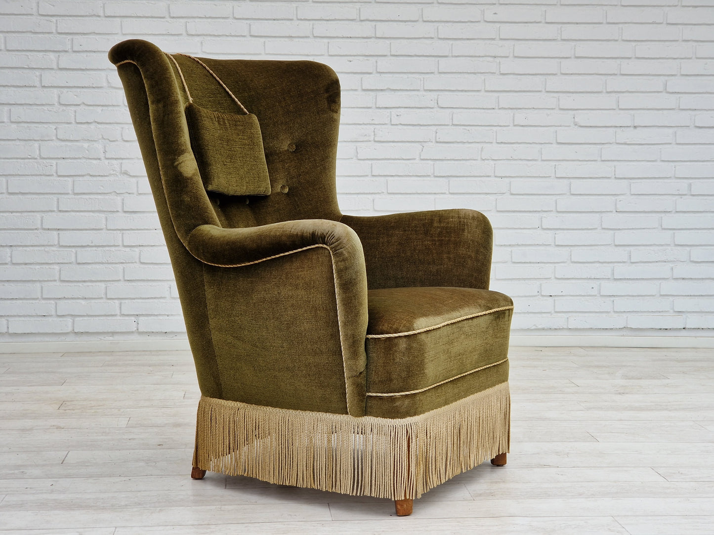 1960s, Danish vintage highback armchair in green velvet, original condition.