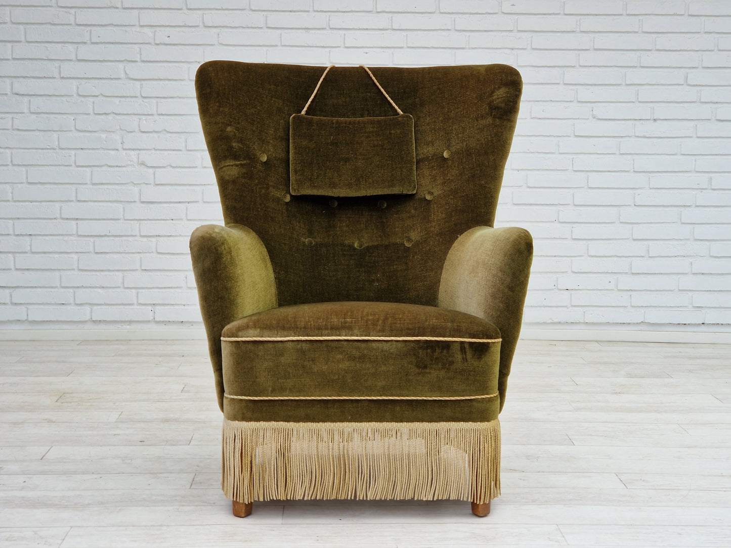 1960s, Danish vintage highback armchair in green velvet, original condition.