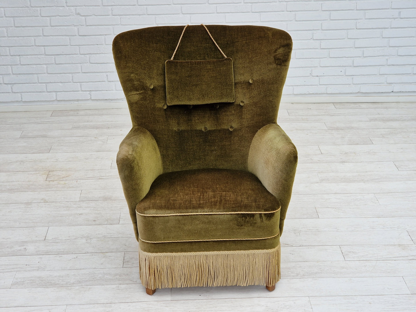 1960s, Danish vintage highback armchair in green velvet, original condition.