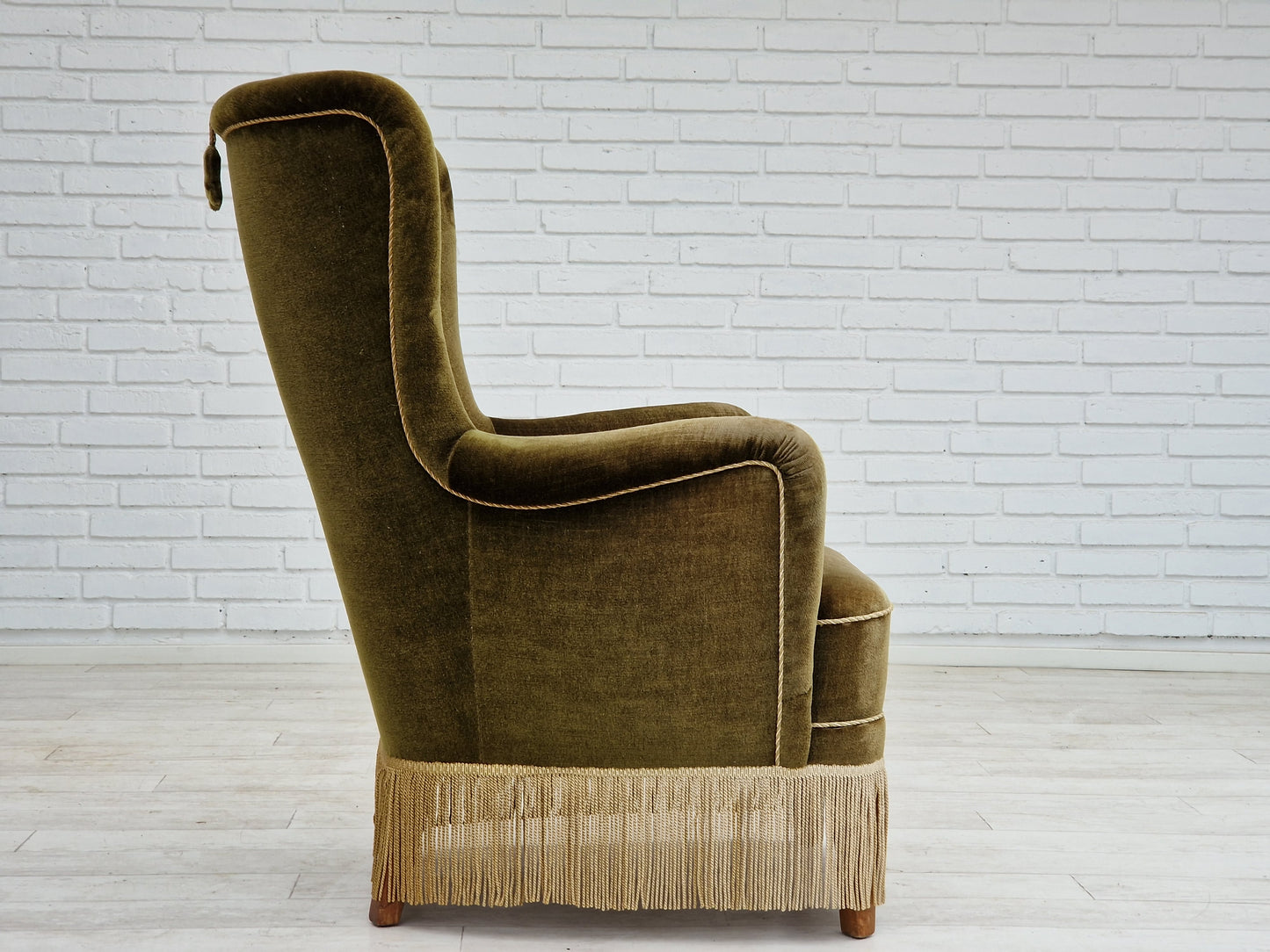 1960s, Danish vintage highback armchair in green velvet, original condition.