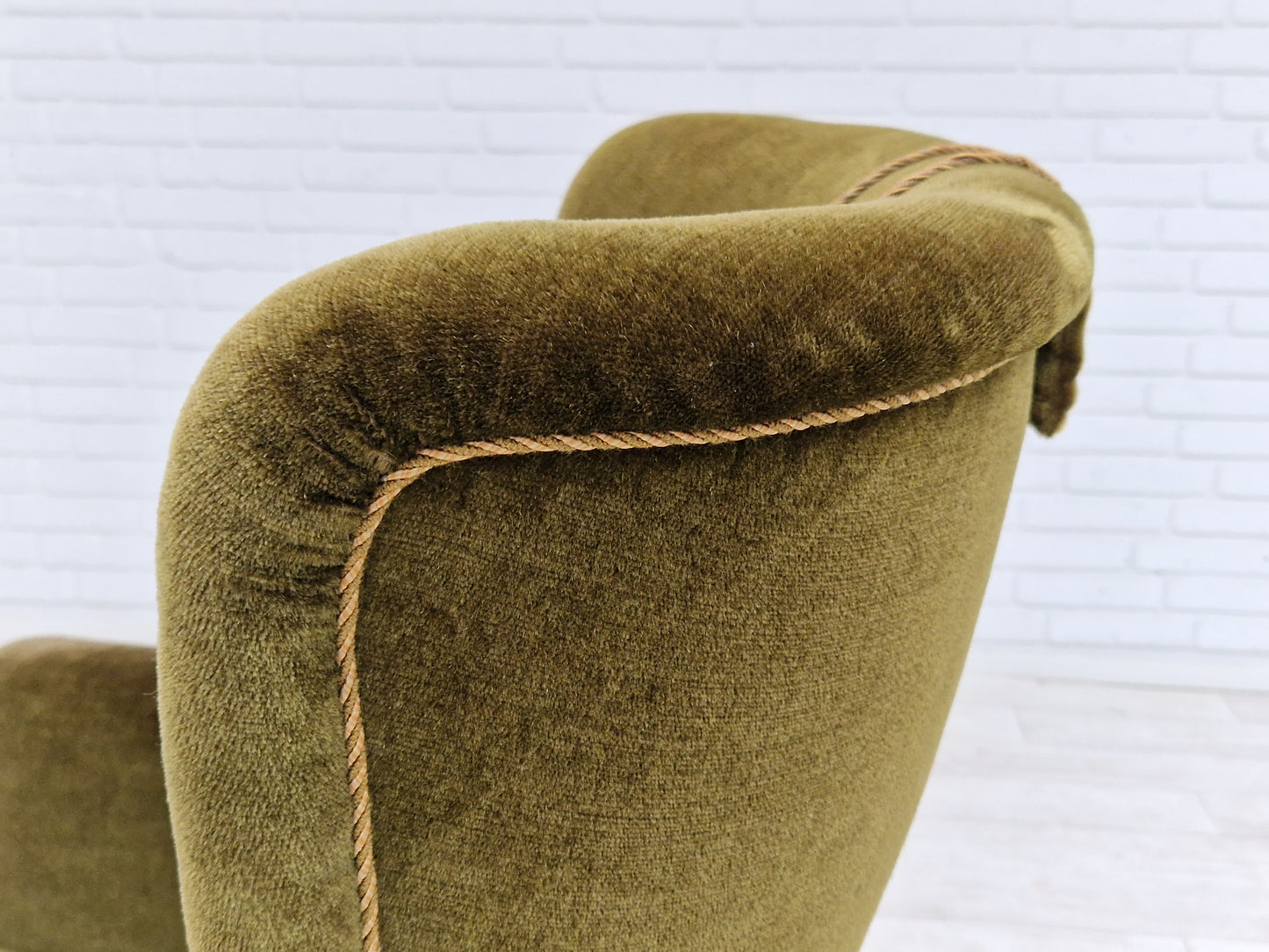 1960s, Danish vintage highback armchair in green velvet, original condition.