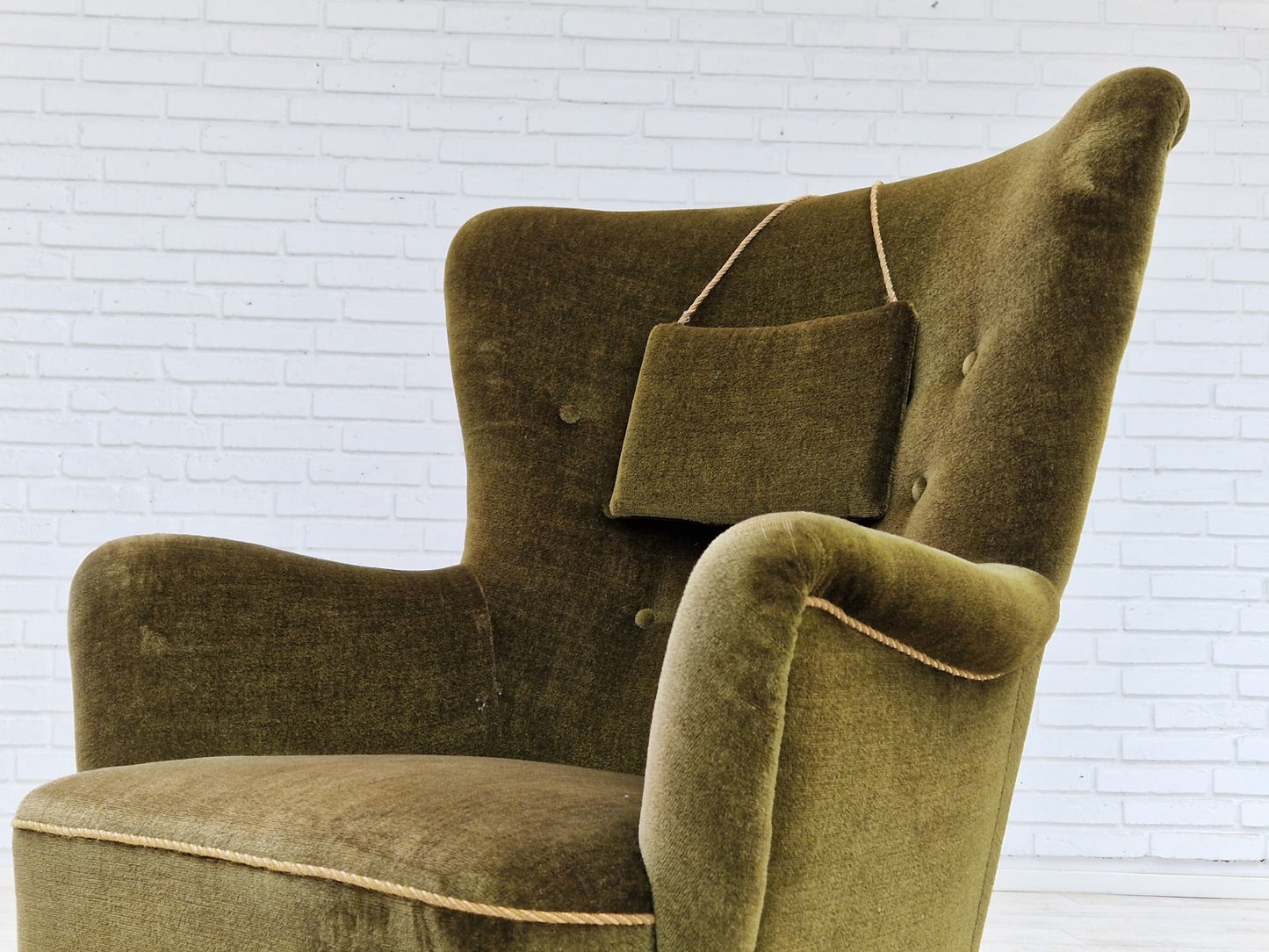 1960s, Danish vintage highback armchair in green velvet, original condition.