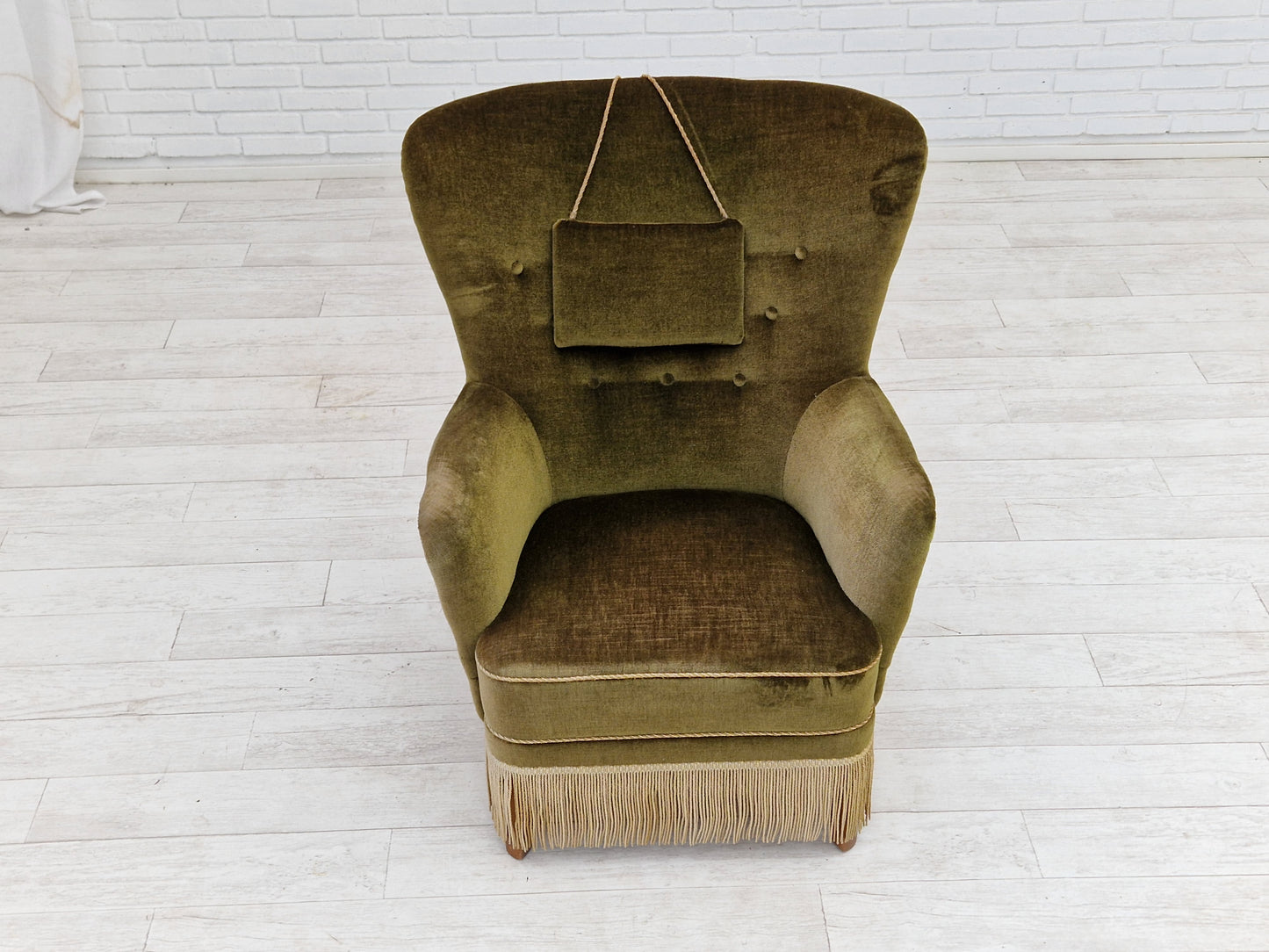 1960s, Danish vintage highback armchair in green velvet, original condition.