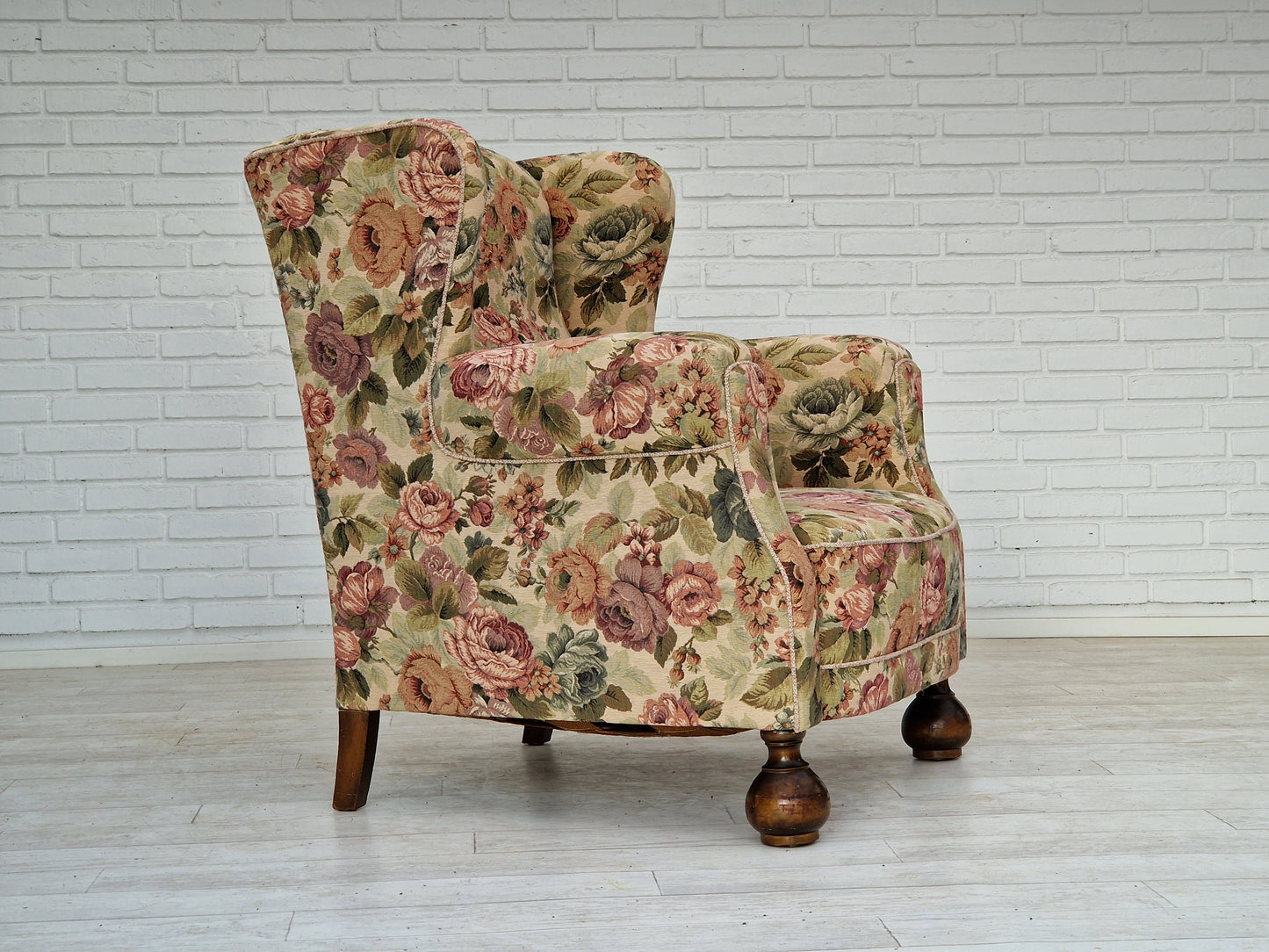 1950s, Danish vintage relax chair in "flowers" fabric, original condition.