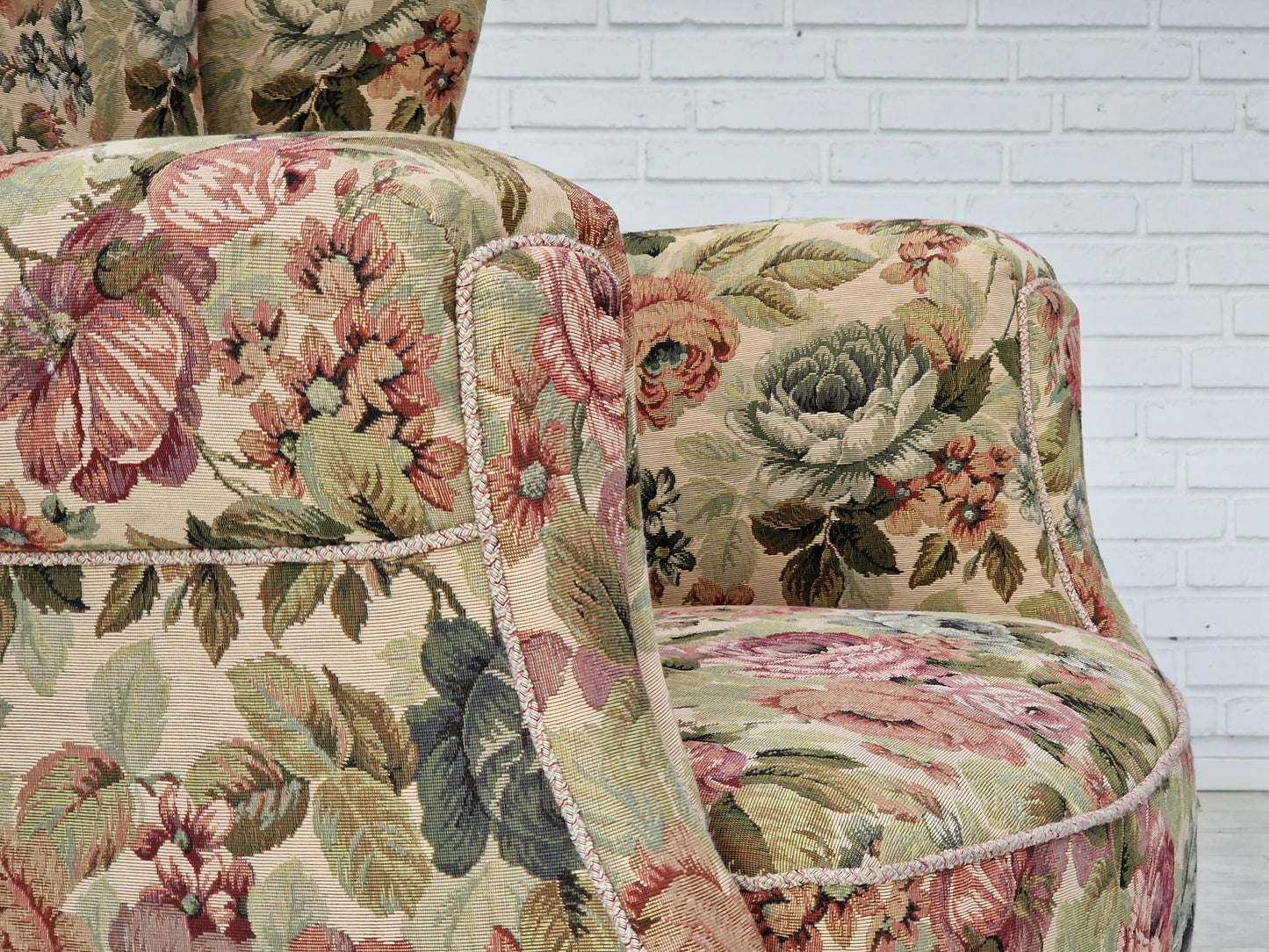 1950s, Danish vintage relax chair in "flowers" fabric, original condition.