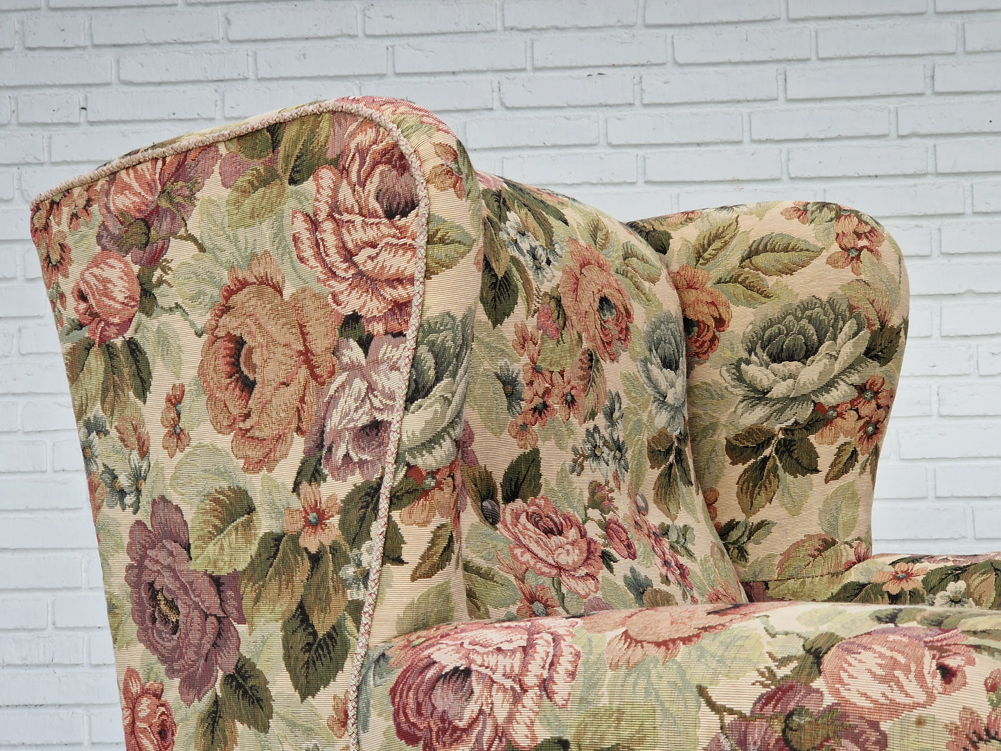 1950s, Danish vintage relax chair in "flowers" fabric, original condition.