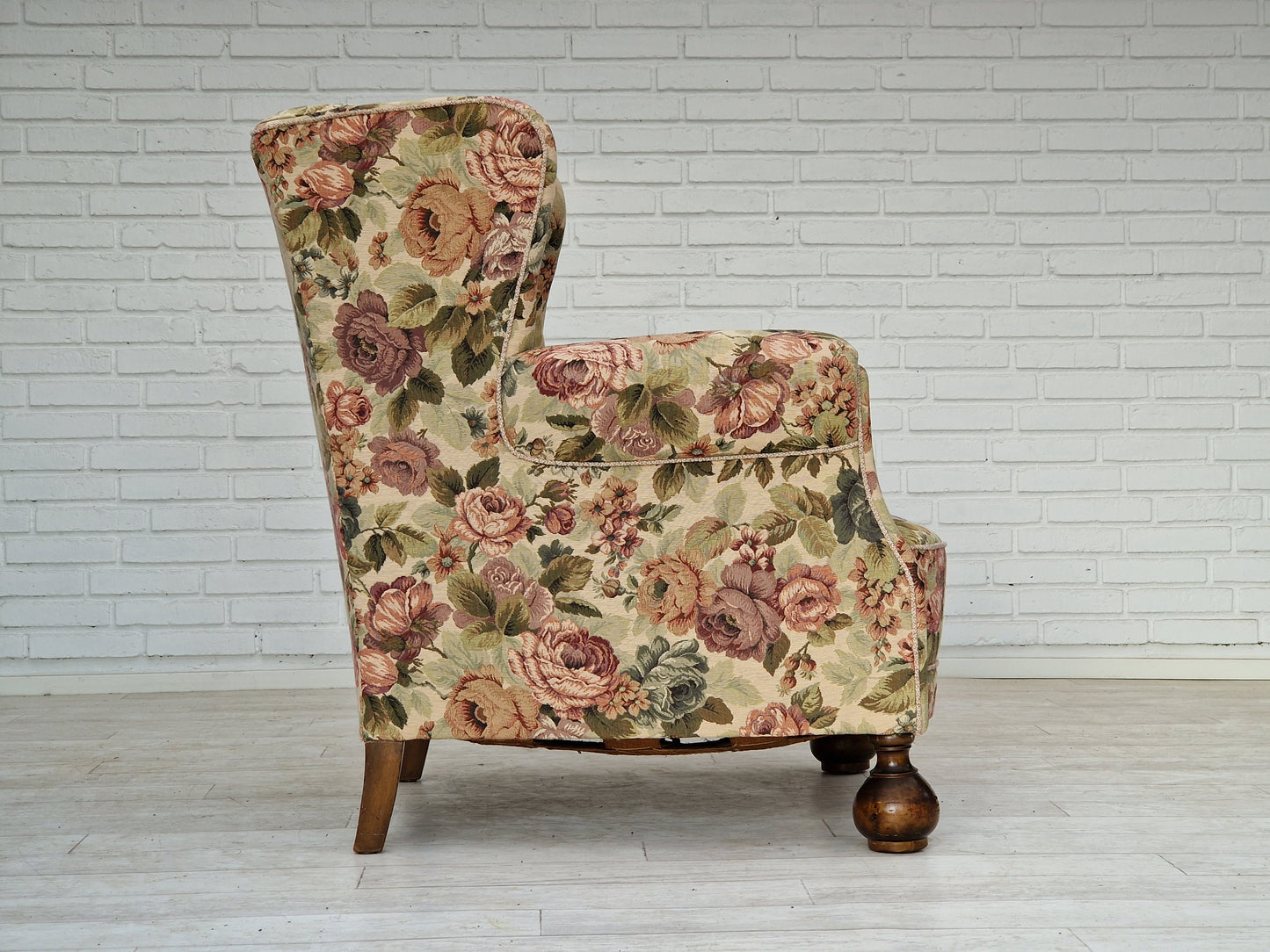 1950s, Danish vintage relax chair in "flowers" fabric, original condition.