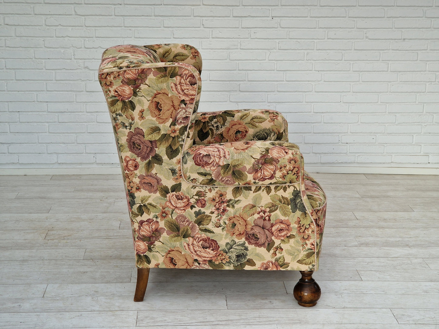 1950s, Danish vintage relax chair in "flowers" fabric, original condition.