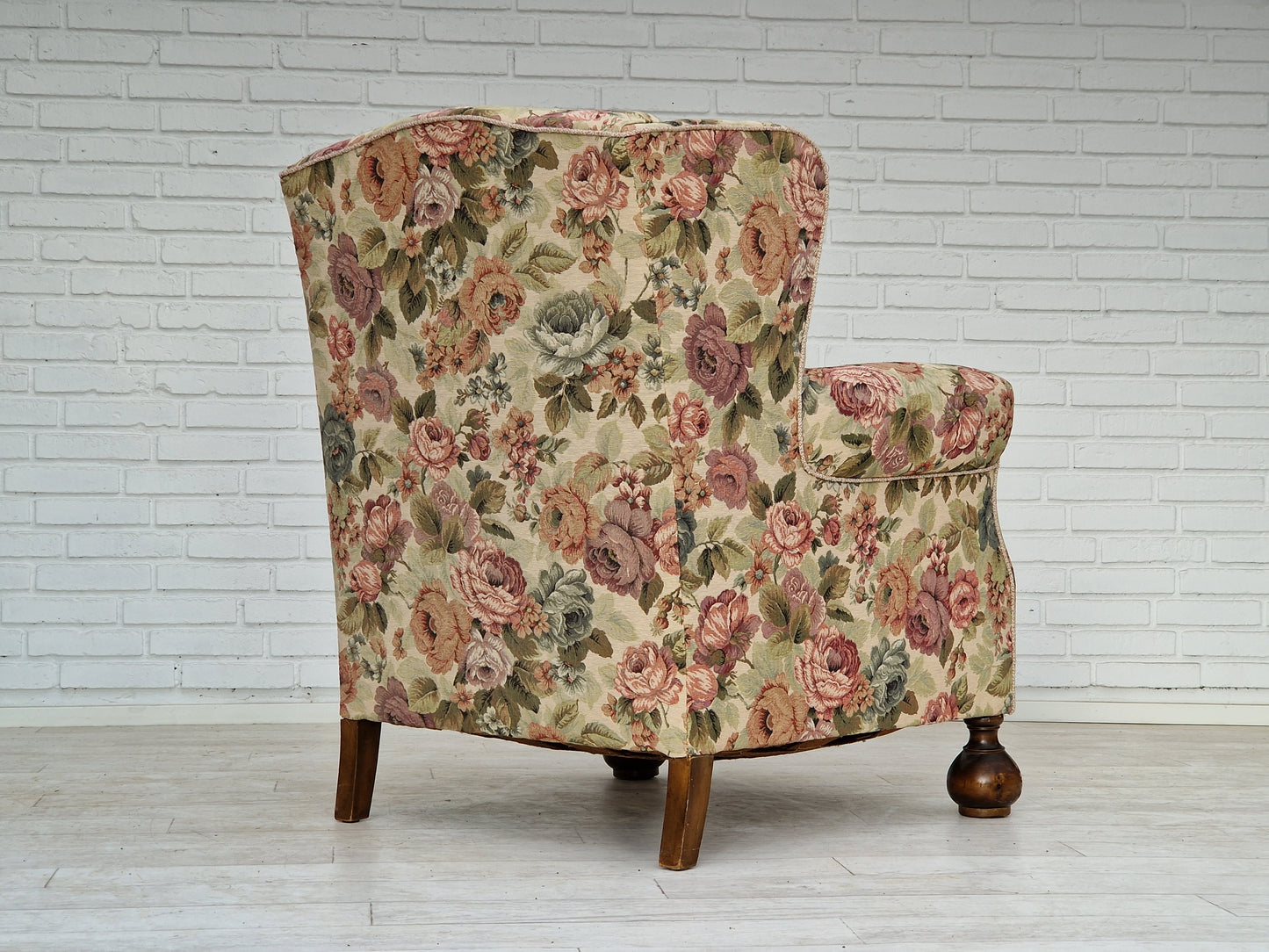 1950s, Danish vintage relax chair in "flowers" fabric, original condition.