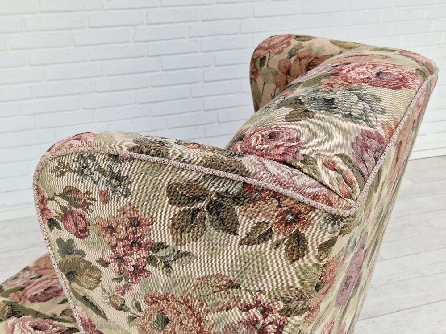 1950s, Danish vintage relax chair in "flowers" fabric, original condition.