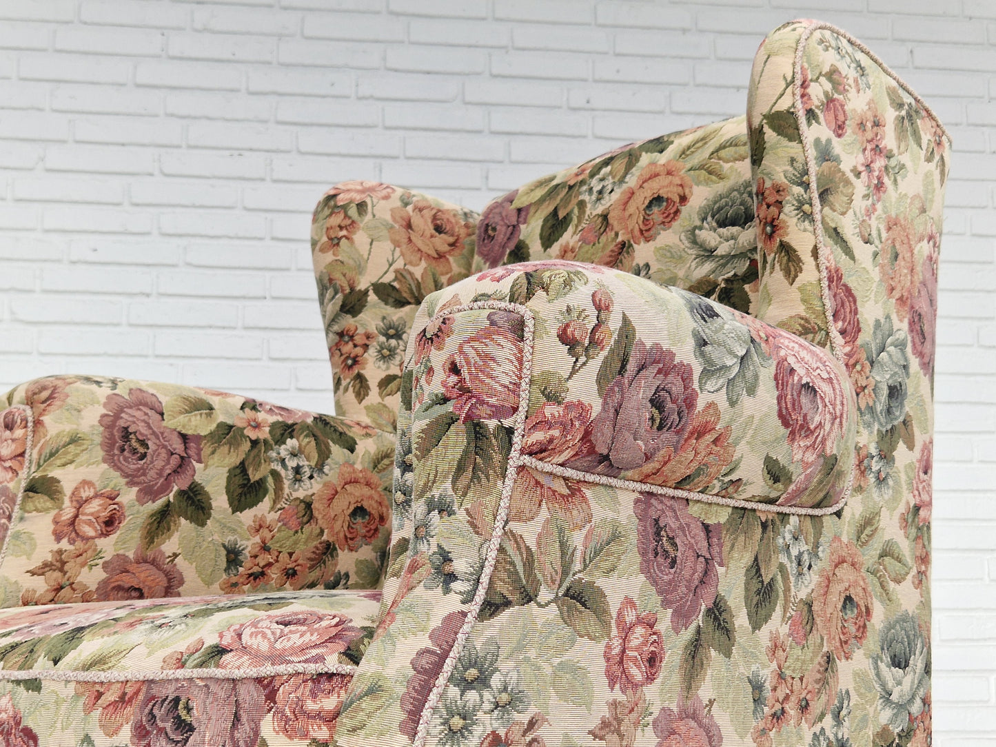 1950s, Danish vintage relax chair in "flowers" fabric, original condition.